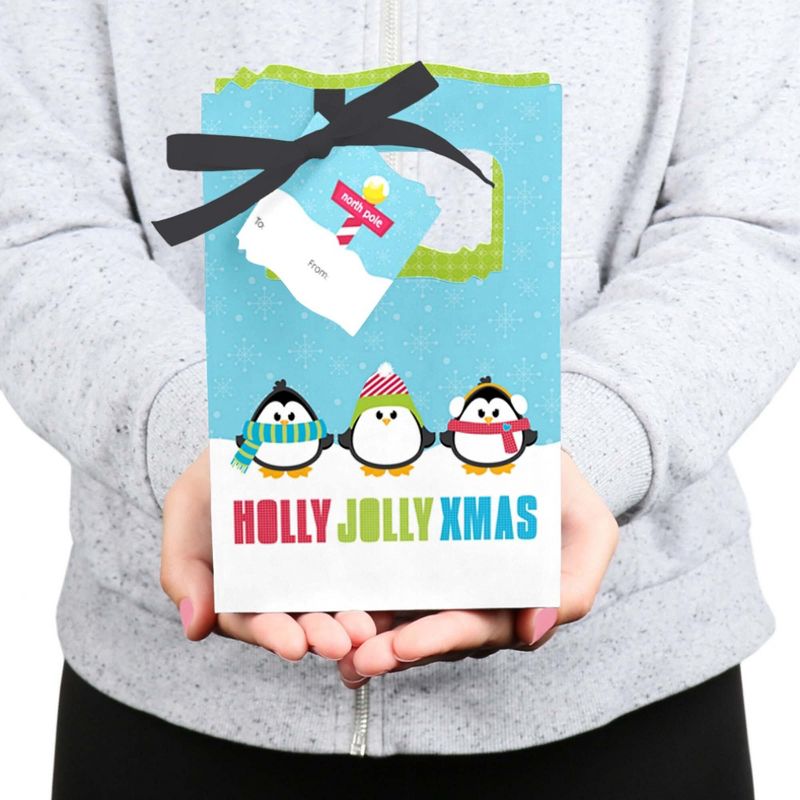 Big Dot of Happiness Holly Jolly Penguin - Christmas & Holiday Party Favor Boxes Gift Bags - Set of 12