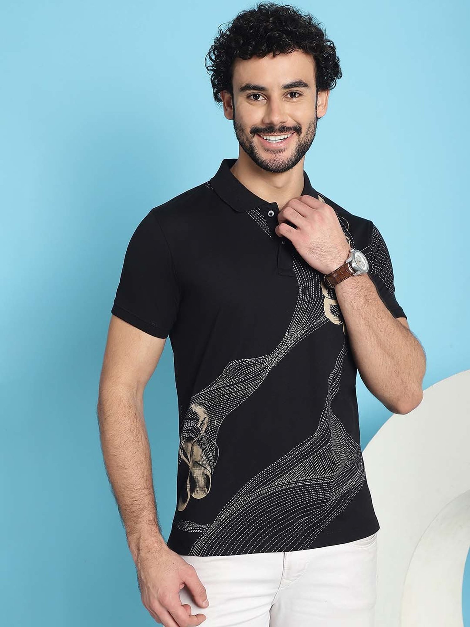Venitian- Forbidden Clothing Black Slim Fit Printed Polo T-Shirt