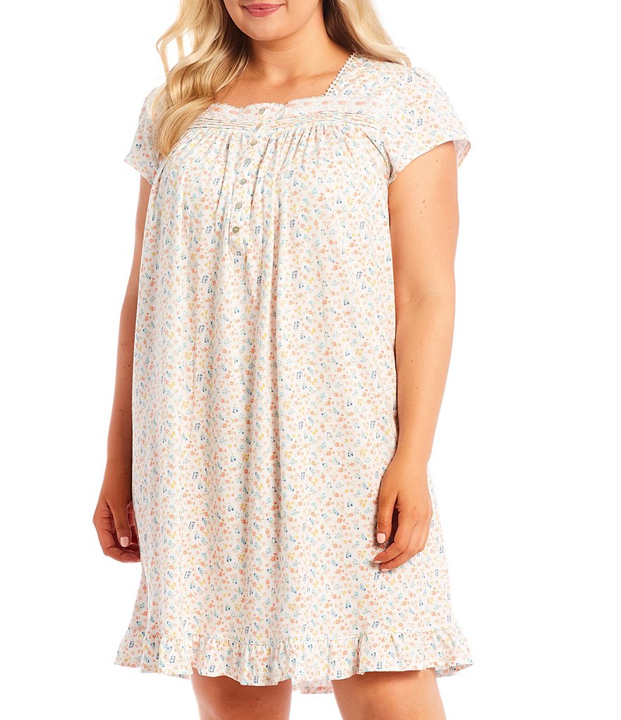 Eileen West Plus Floral Print Square Neck Jersey Knit Short Nightgown