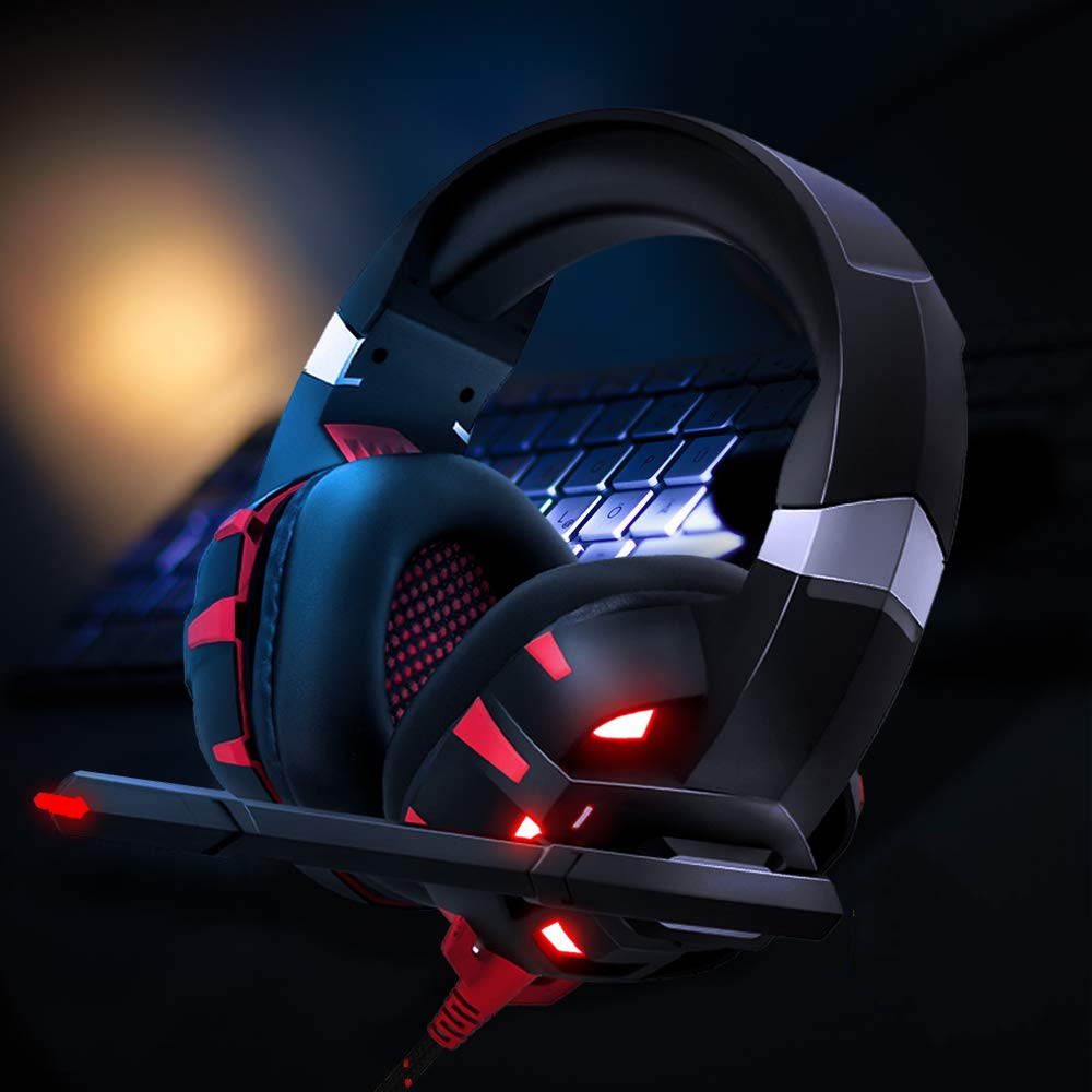 RUNMUS Gaming Headset Xbox One Headset with 7.1 Surround Sound Stereo, PS4 Headset with Noise Canceling Mic & LED Light, Compatible with PC, PS4, Xbox One Controller(Adapter Needed), Nintendo Switch