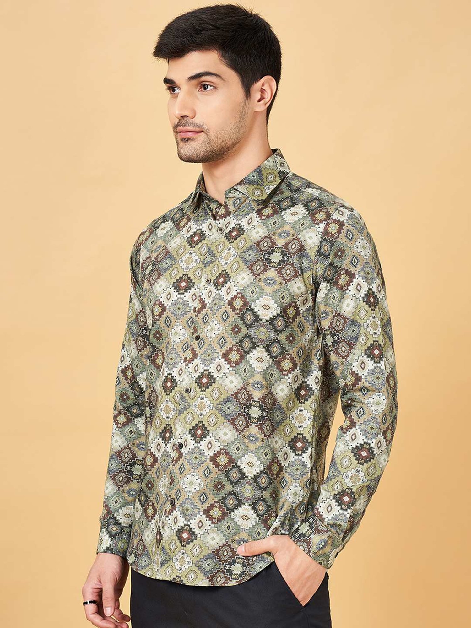 Peregrine By Pantaloons Olive Slim Fit Printed Shirt