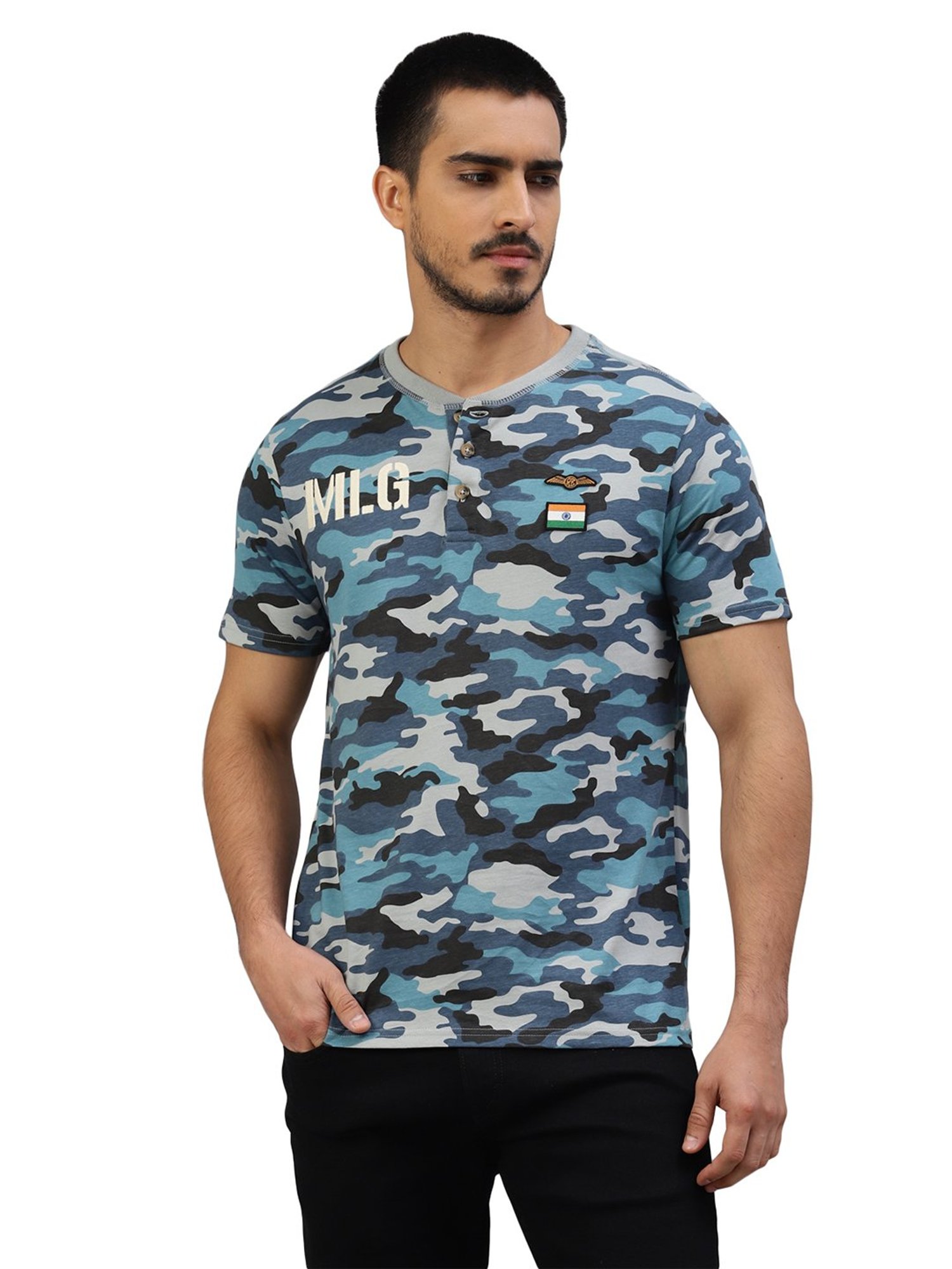 Royal Enfield MLG Urban Blue Regular Fit Camo Print Henley T-Shirt