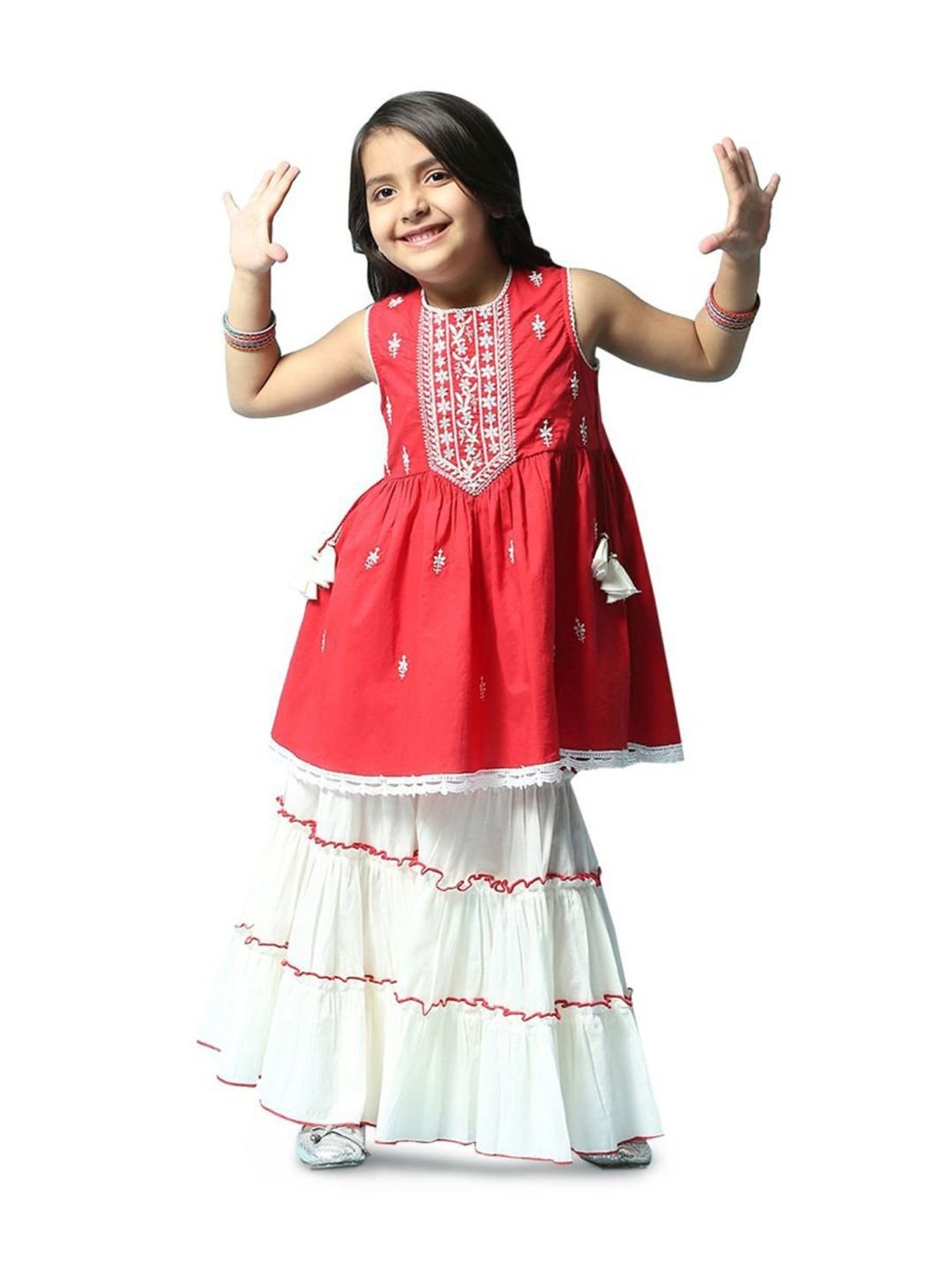 Biba Girls Red & White Cotton Embroidered Kurta Set