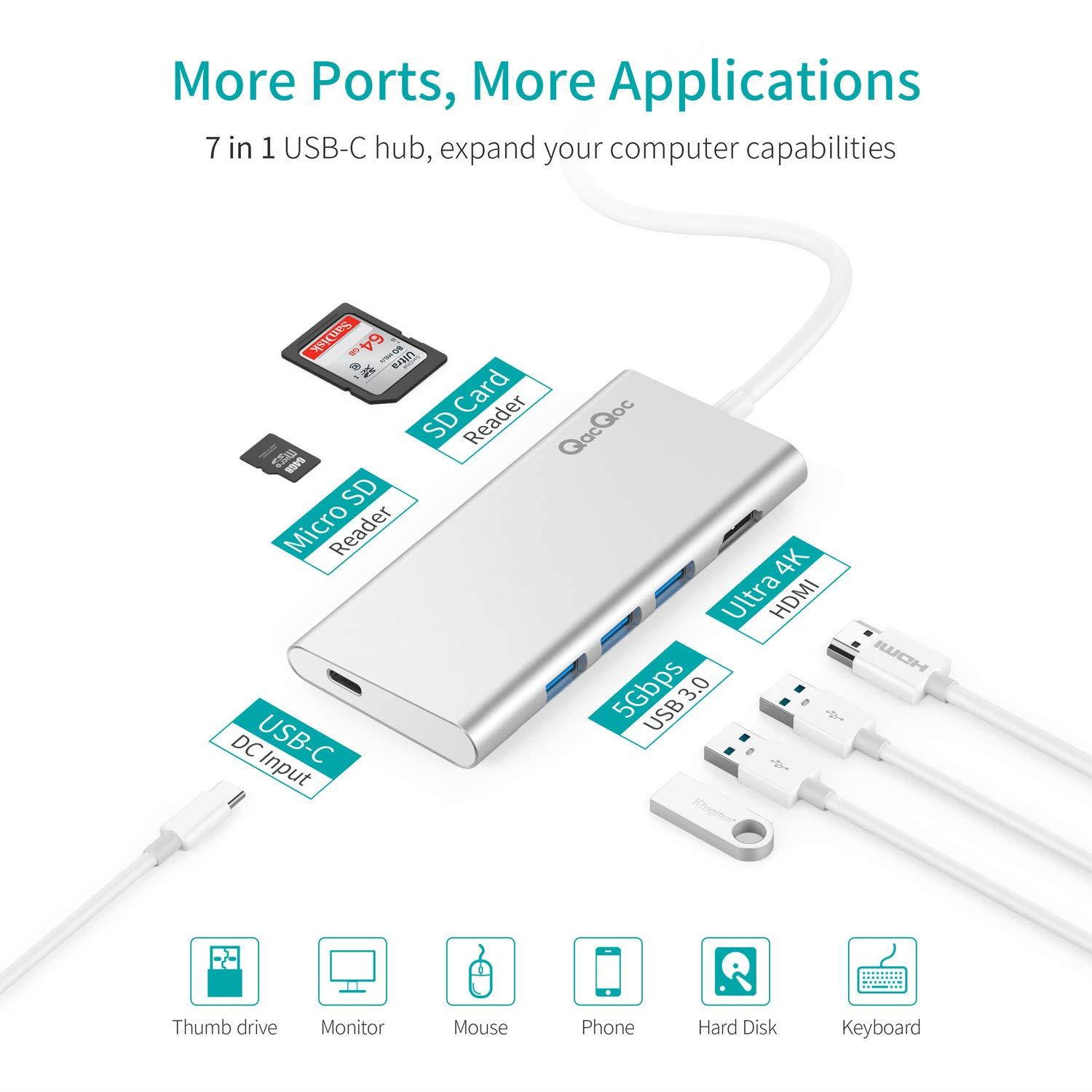 USB C Hub QacQoc 7-in-1 Type C Hub with PD Power Delivery, 4K USB C to HDMI, SD Card Reader, 3 USB 3.0 Ports for MacBook Pro and Type C Windows Laptops(Silver)