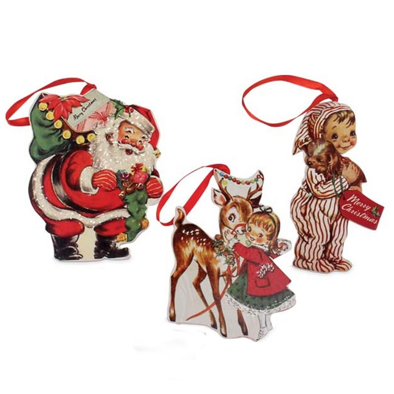 Christmas 4.0" Retro Christmas Ornaments St/3 Dummy Boards Santa Deer  -  Tree Ornaments