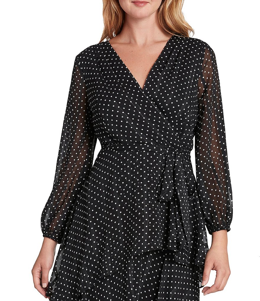 Tahari ASL Dotted Satin Tie Waist Tiered Ruffle Skirt Faux Wrap Dress