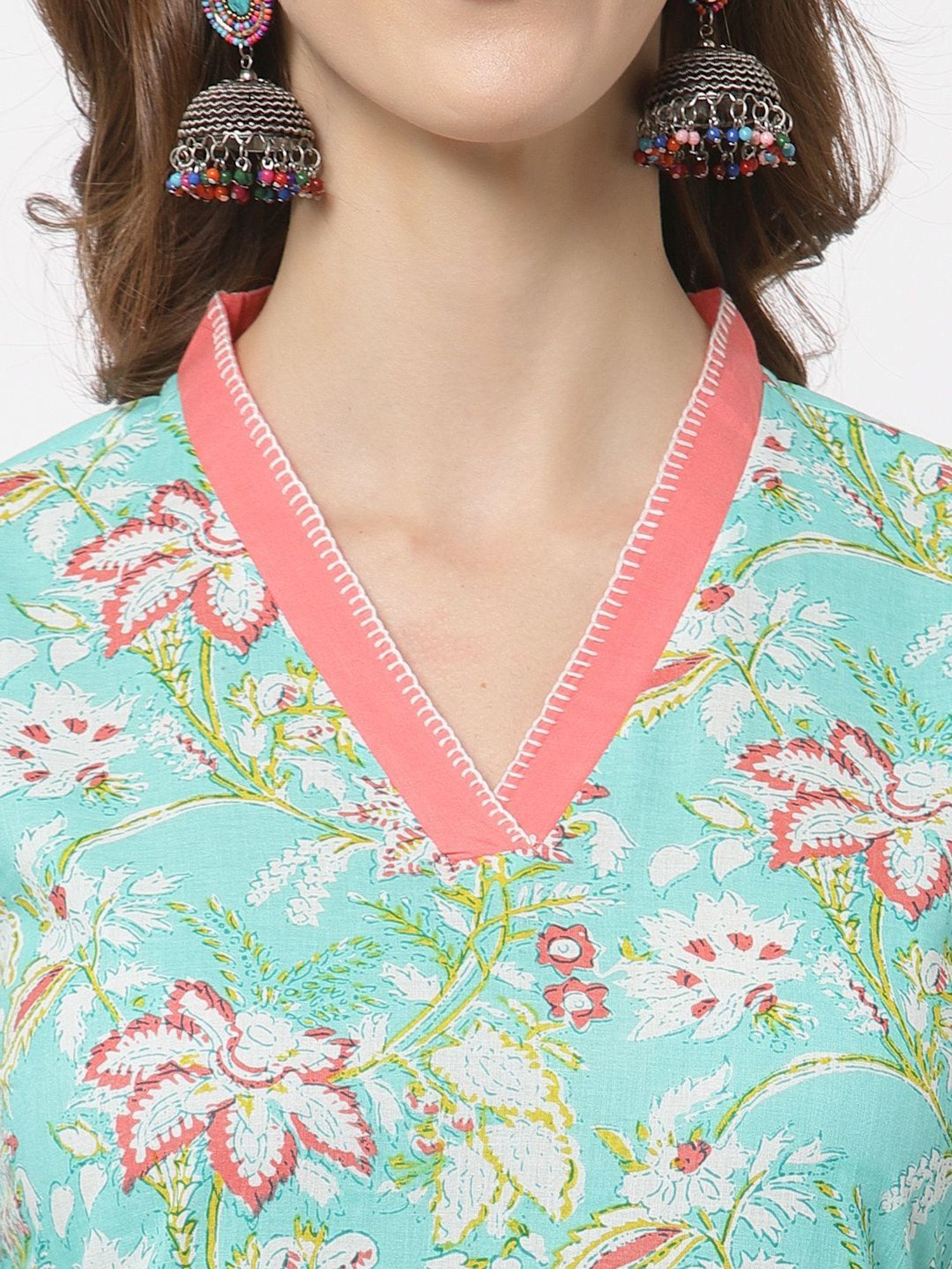 Kami Kubi Green Cotton Floral Print Straight Kurta