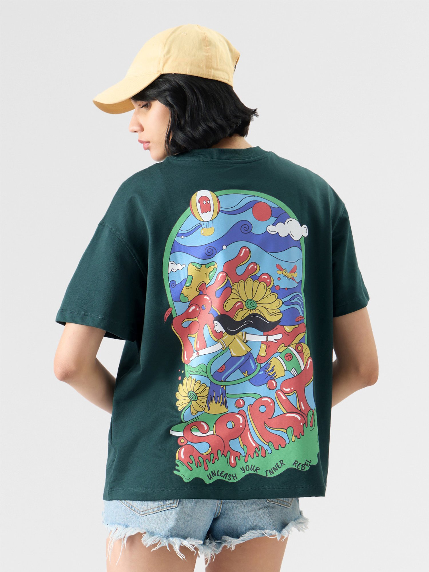 The Souled Store Dark Green Cotton Graphic Print Oversized T-Shirt