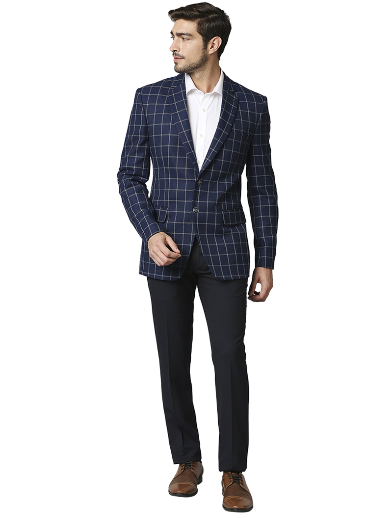 Raymond Navy  Regular Fit Checks Blazer