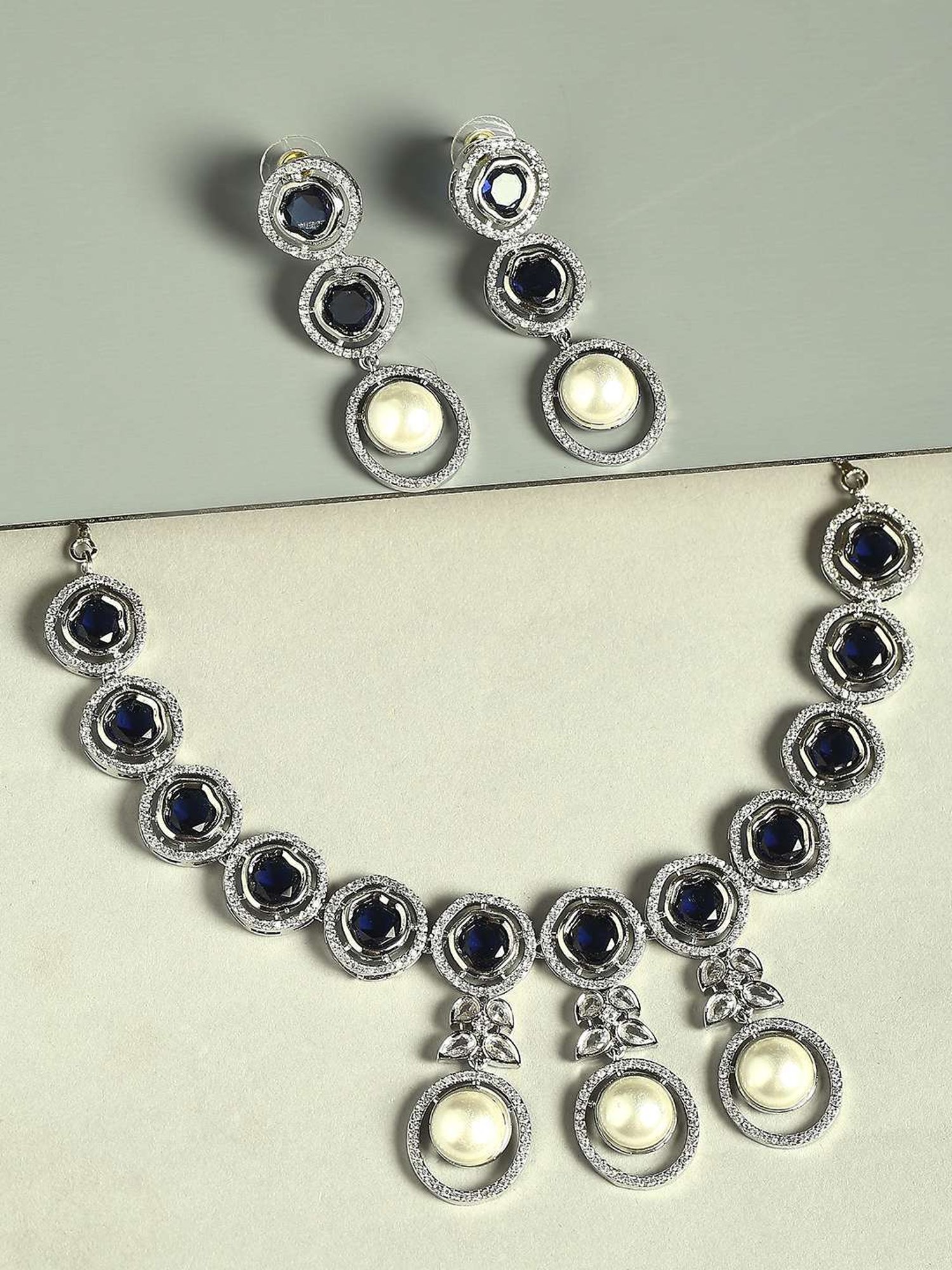 OOMPH Blue American Diamond and Pearls Statement Necklace Set