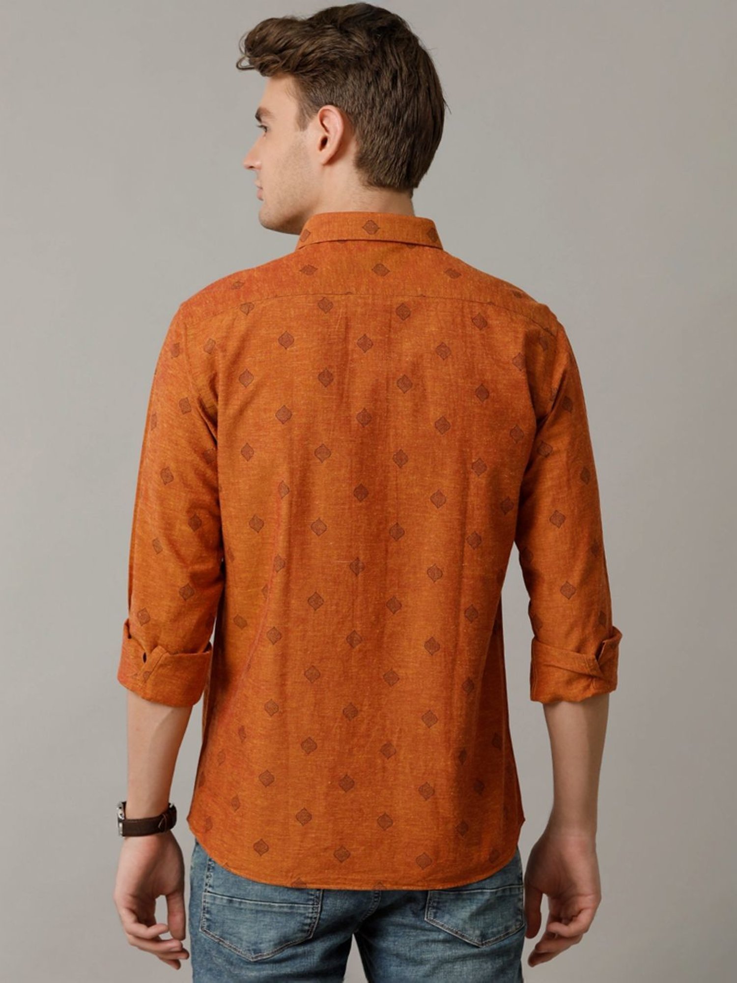 Cavallo By Linen Club Orange Linen Contemporary Fit Printed Shirt