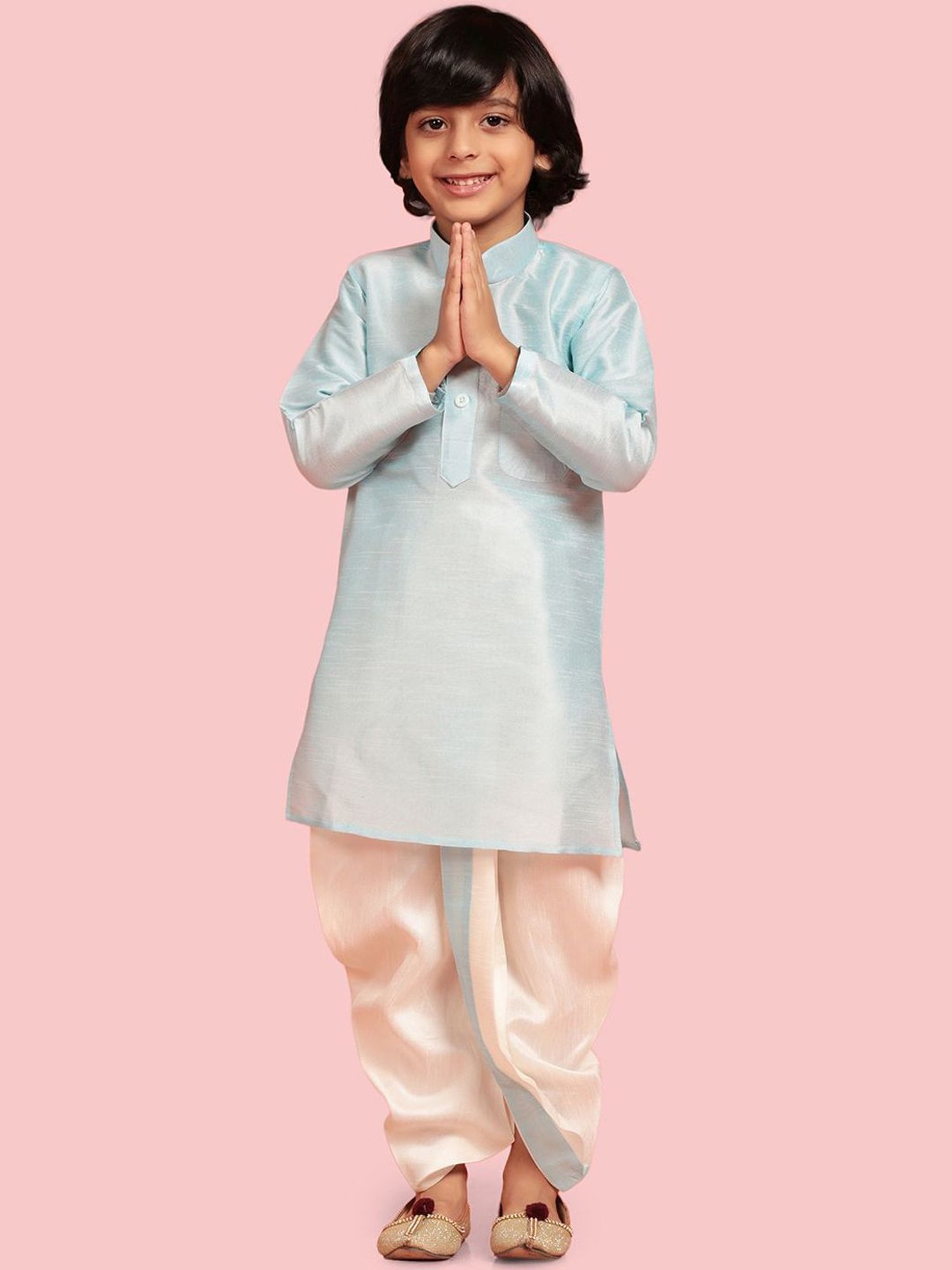 AJ Dezines Kids Blue & White Regular Fit Full Sleeves Kurta Set