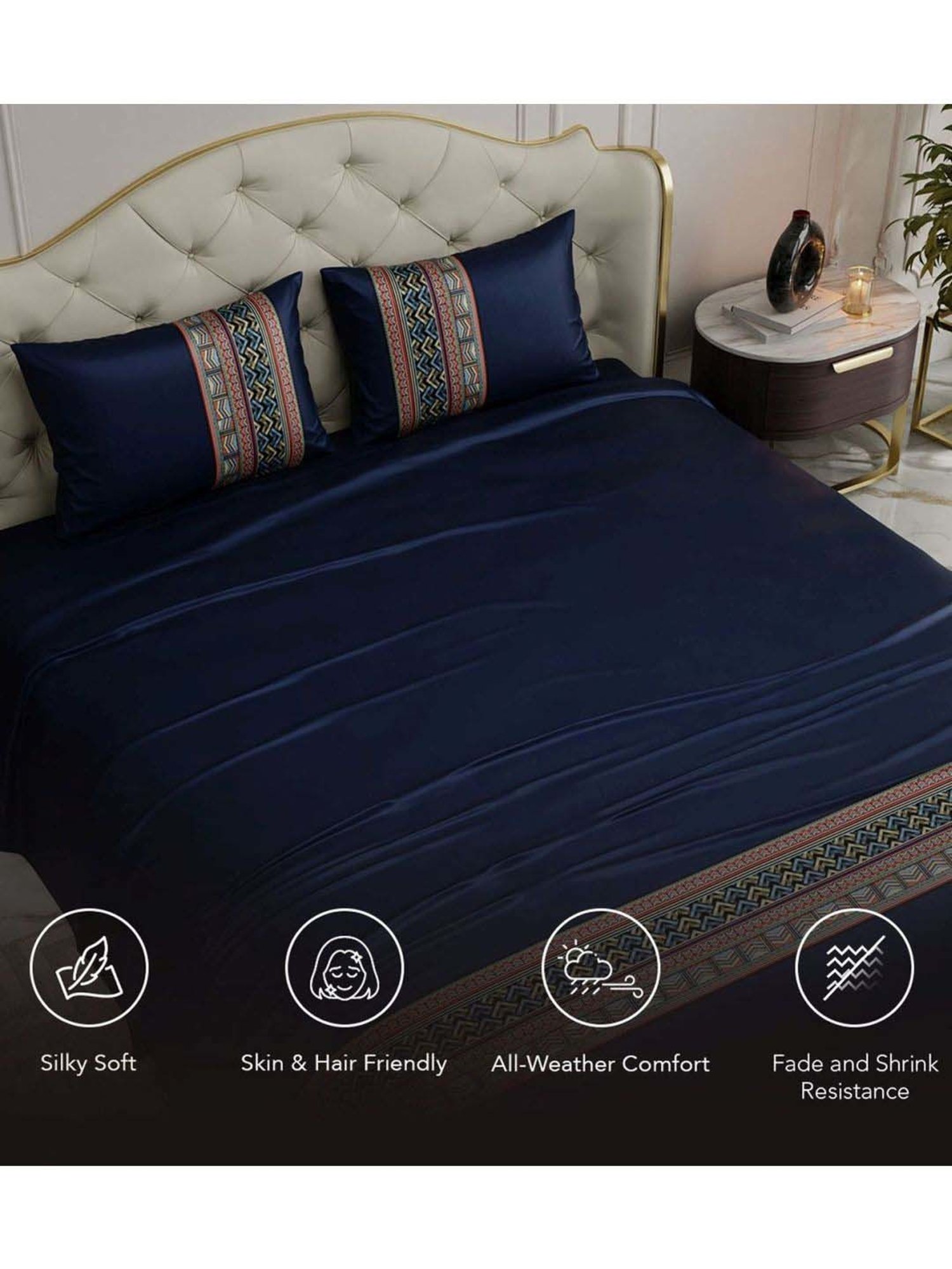 Stoa Paris Navy Polyester 300 TC Regal Renaissance Double Bed Sheet With 2 Pillow Covers