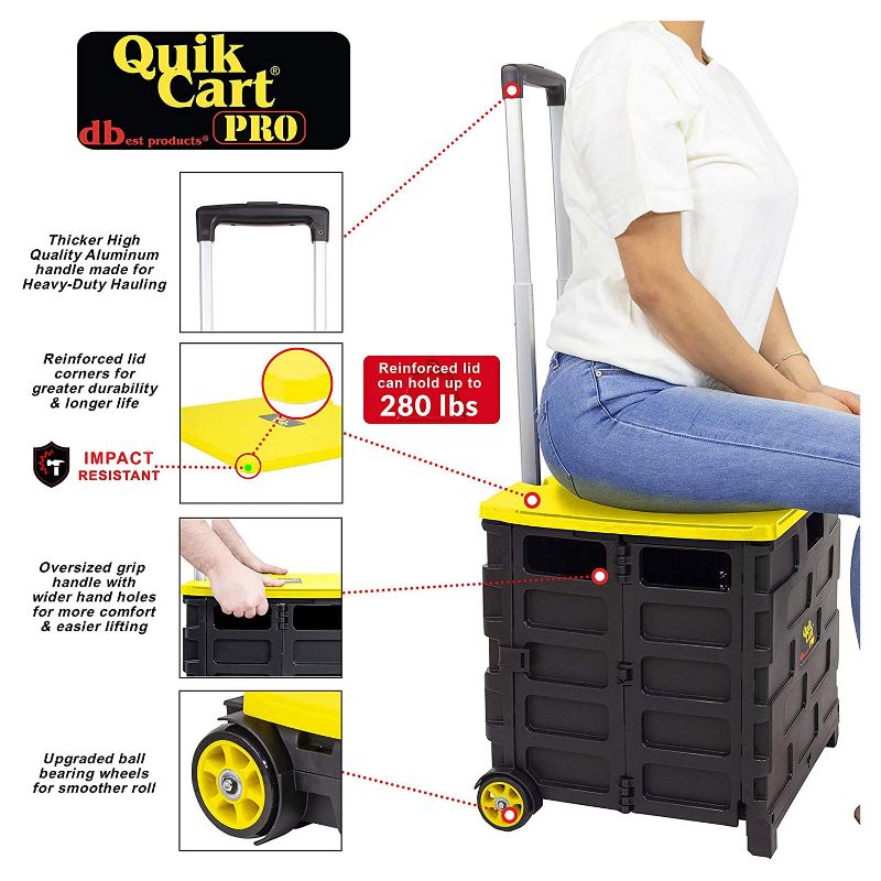 dbest products Quik Cart Pro 2 Wheeled Collapsible Handcart Dolly Storage Grocery Shopping Utility Cart with Lid, Seat, and Stool Functions, Yellow