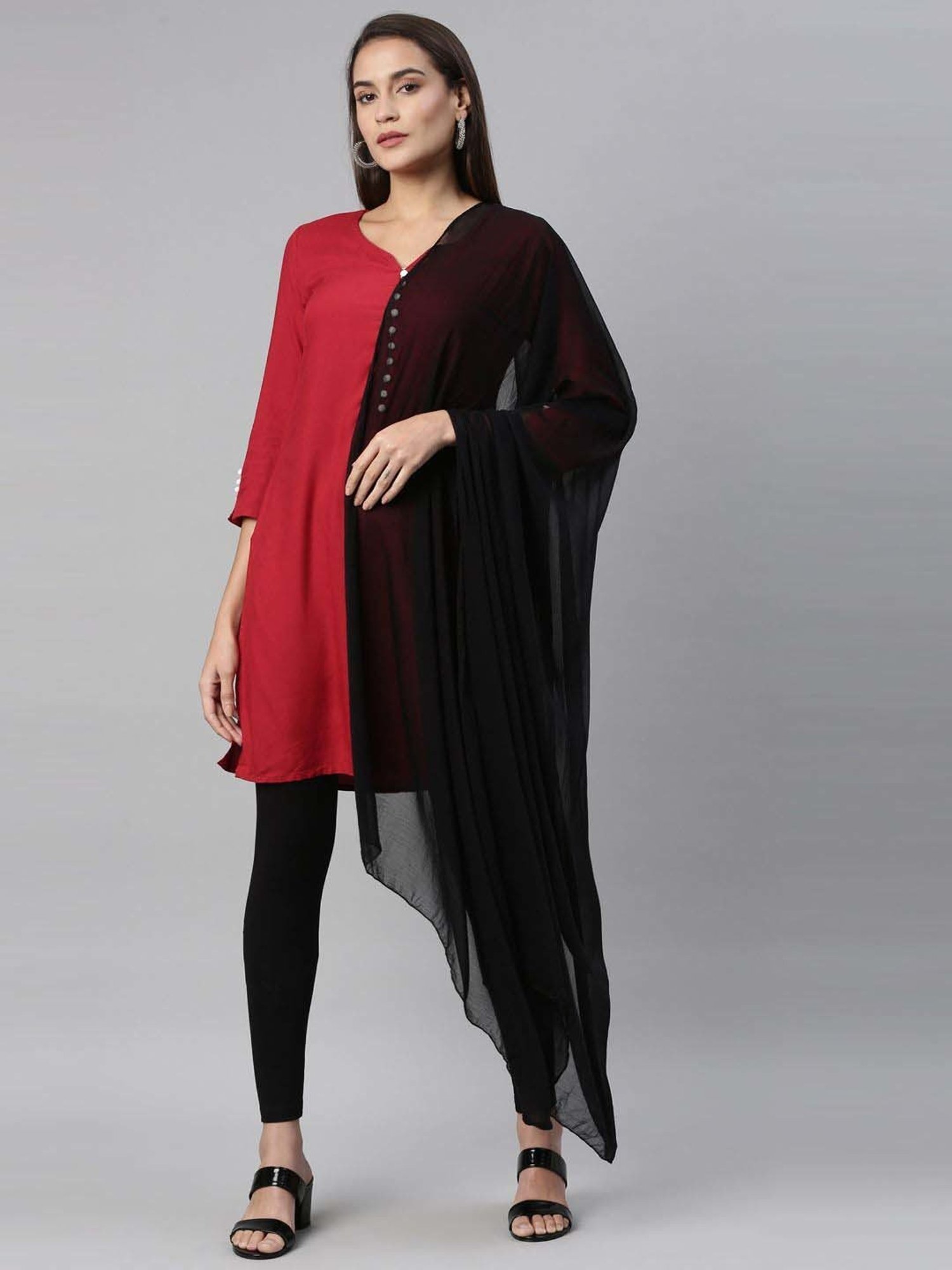 TWIN BIRDS Black Cotton Ankle Length Leggings With Dupatta