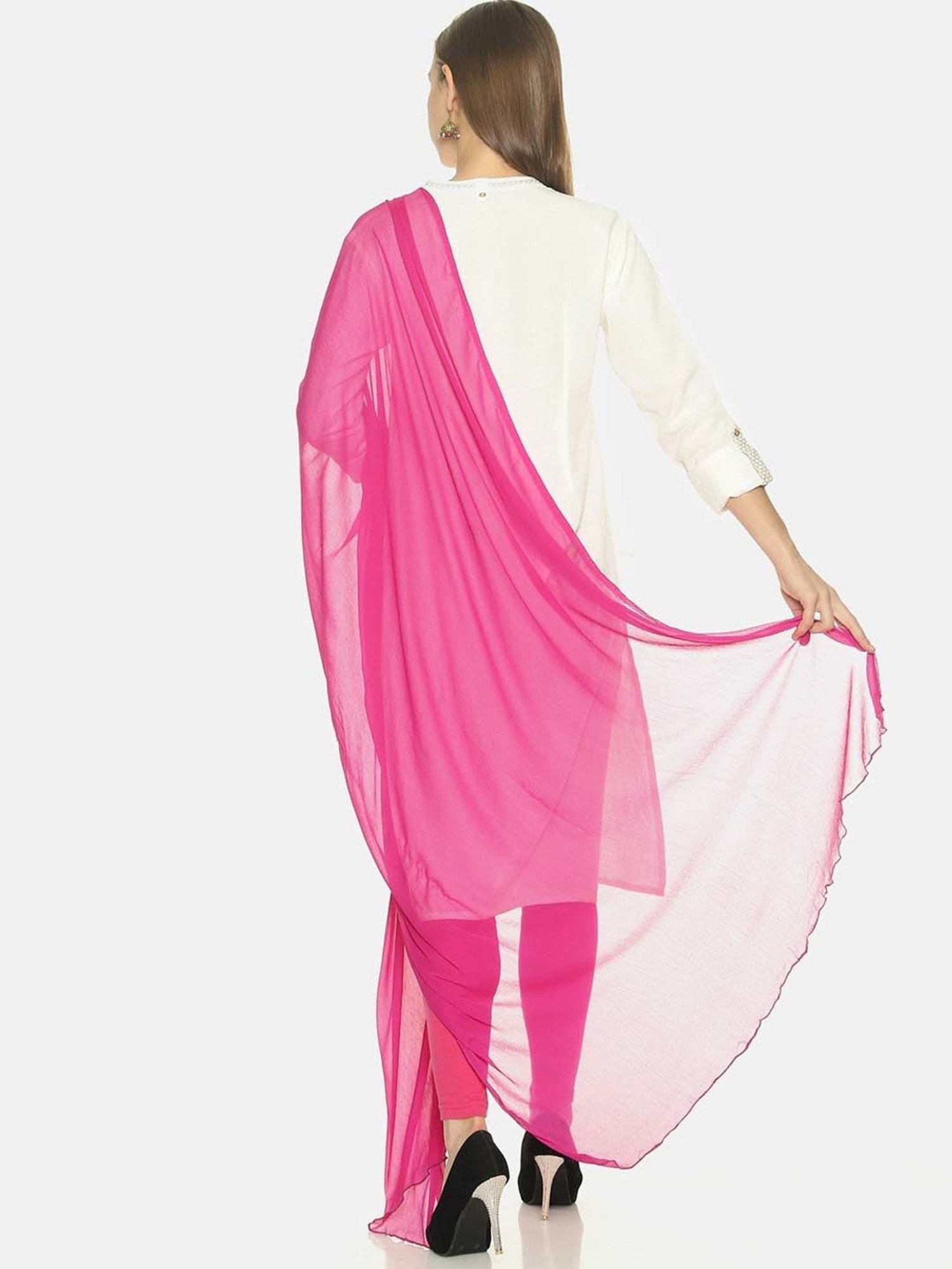 TWIN BIRDS Pink & White Plain Dupatta - Pack Of 2