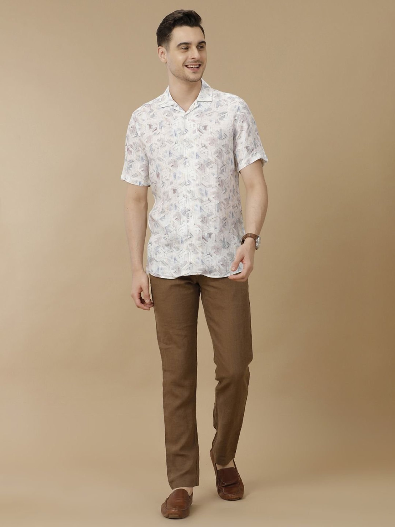 Linen Club Blue Linen Contemporary Fit Printed Shirt