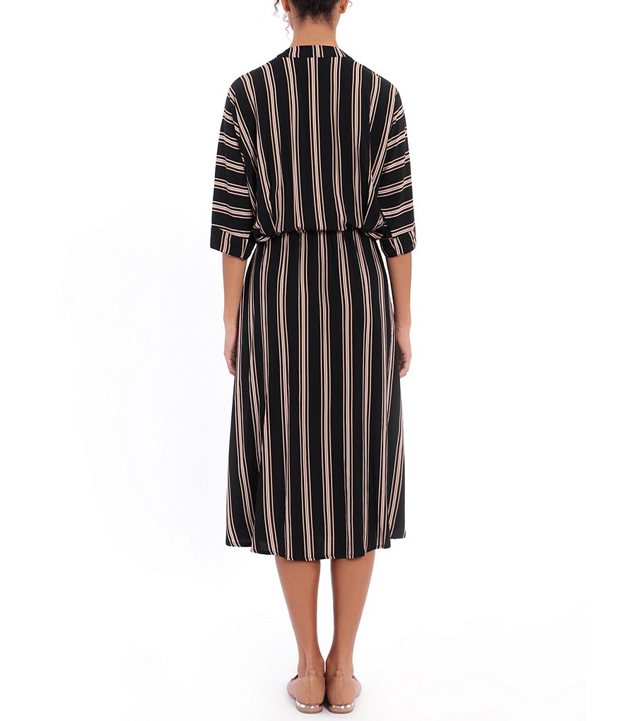 London Times V-Neck Short Sleeve Striped Front Slit Dress