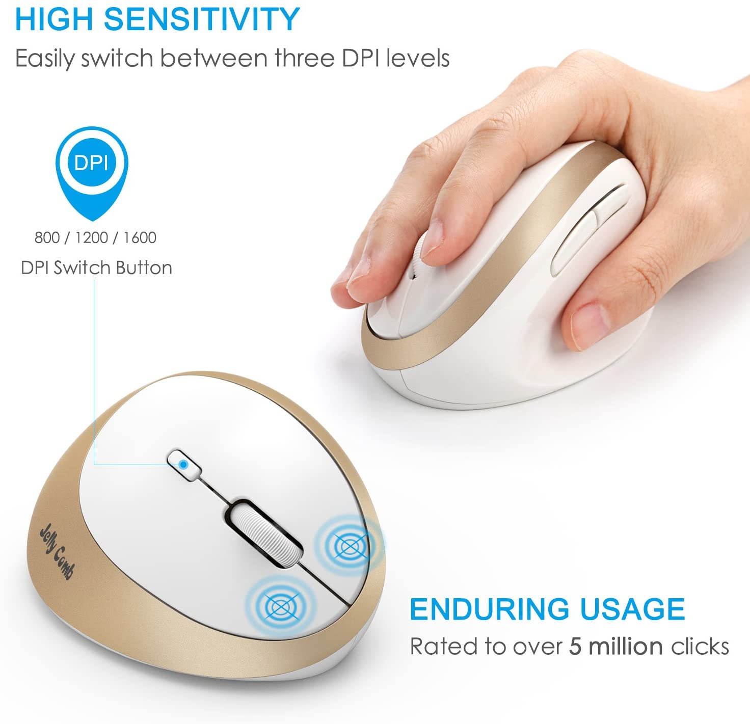 Wireless Vertical Mouse, Wireless Mouse 2.4G High Precision Ergonomic Optical Mice ( for Small Hands ) (White and Gold)
