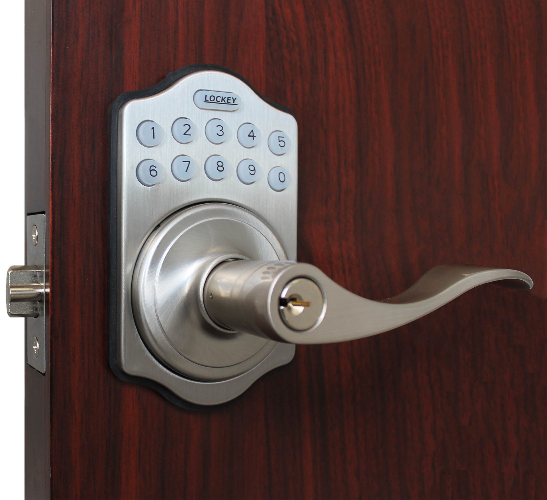 LockeyUSA E985BB Electronic Push Button Digital Door Lock, Access Control, Combination, Remote Capable, Keyless Lever Lock with Keypad Access in Bright Brass