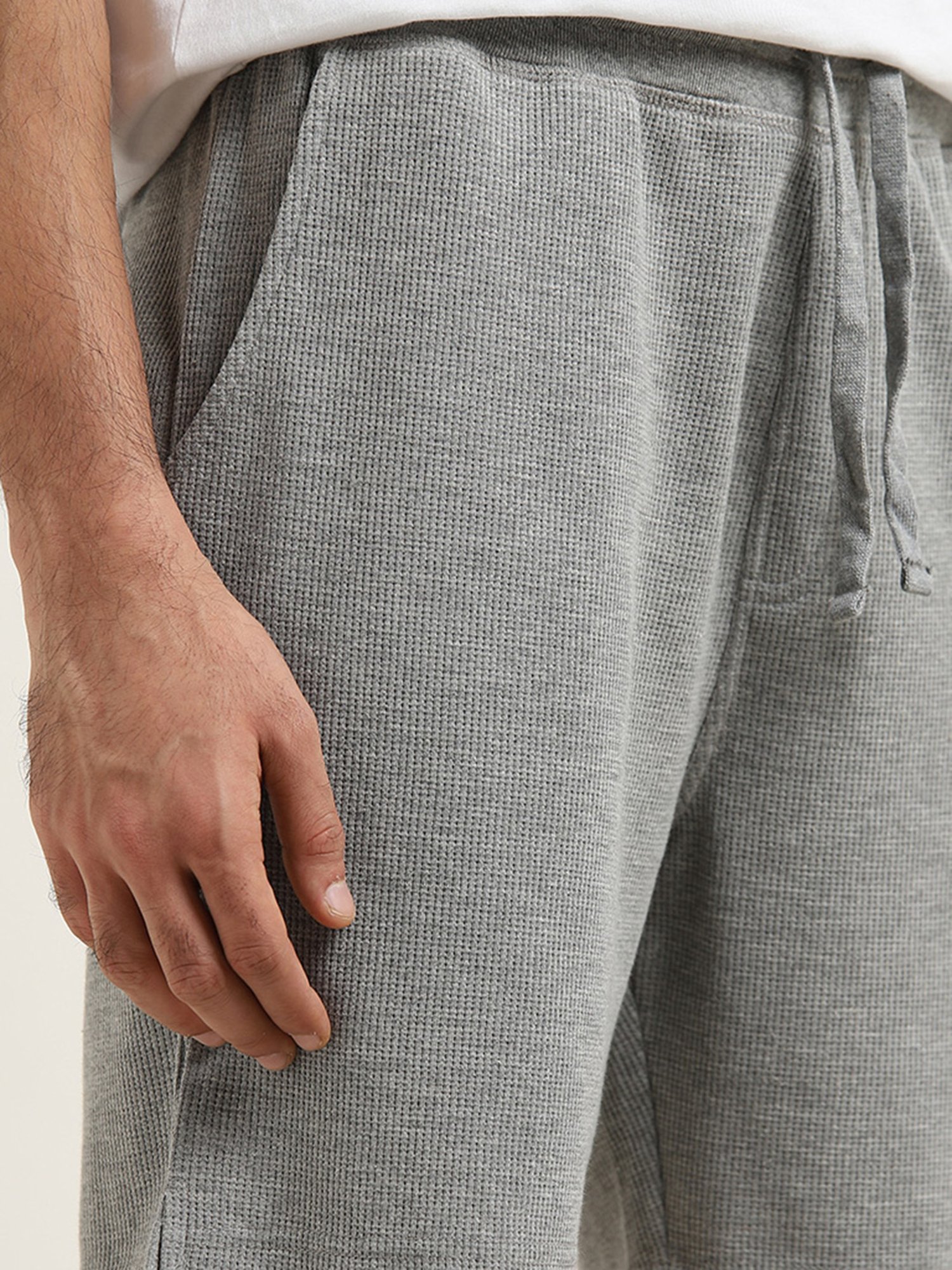 WES Lounge by Westside Grey Waffle Textured Relaxed-Fit Mid-Rise Shorts