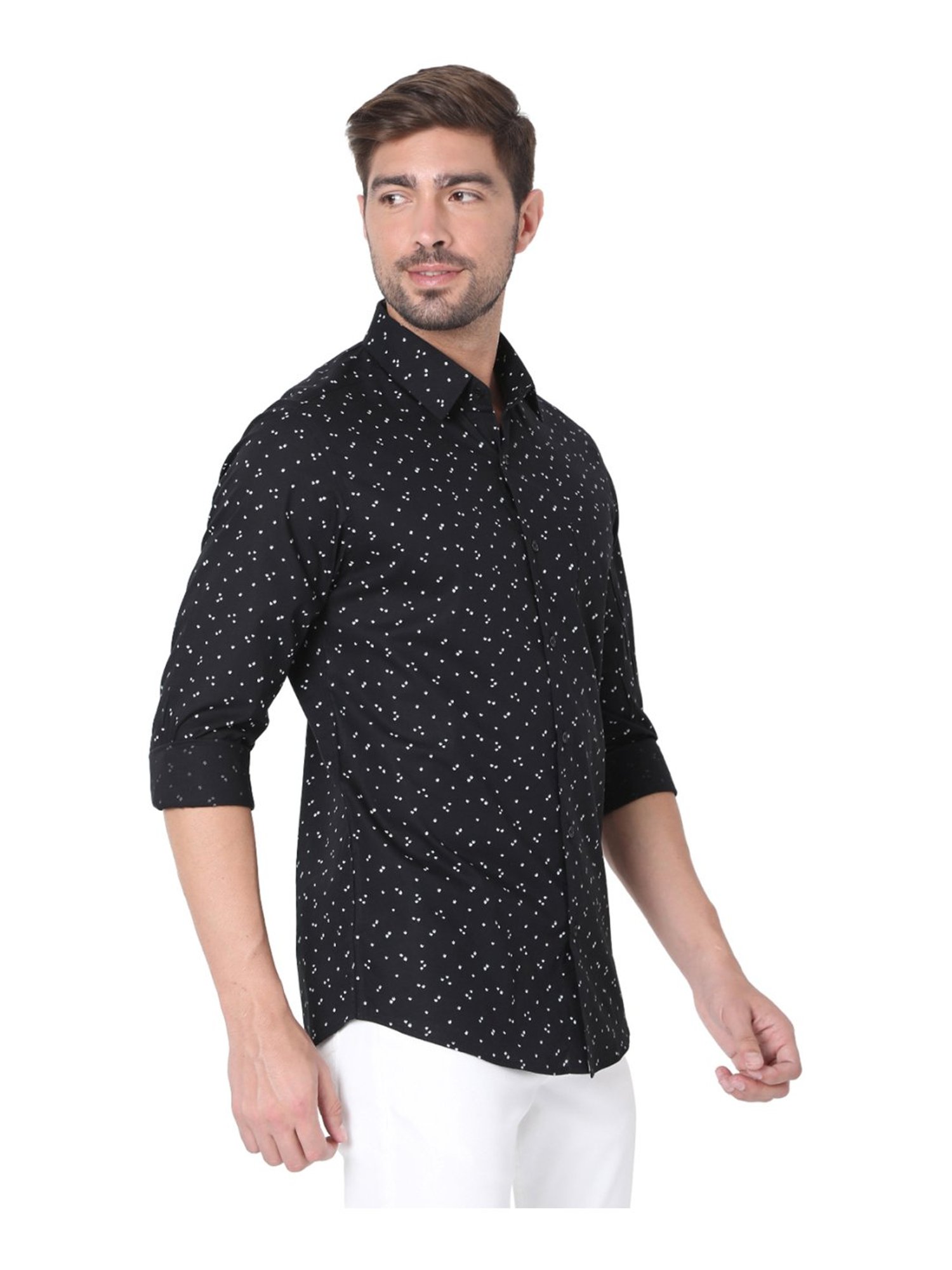 Mufti Black Cotton Slim Fit Printed Shirt