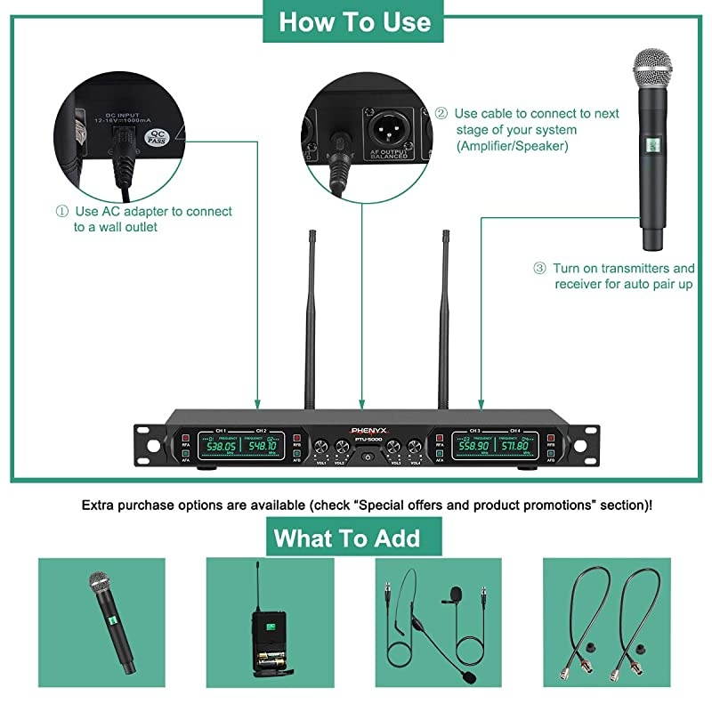 Wireless Microphone System,  4-Channel UHF Cordless Mic Set with Handheld/Lapel/Headset/Bodypack, Rugged Metal Build, Fixed Frequency, Long Range, Ideal for Church,Karaoke,Events(PTU-5000B)