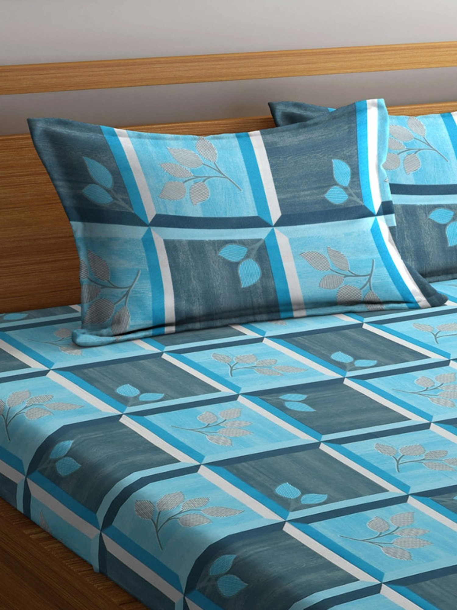 Dhrohar Printed Blue Cotton 180 TC Double Bedsheet with 2 Pillow covers