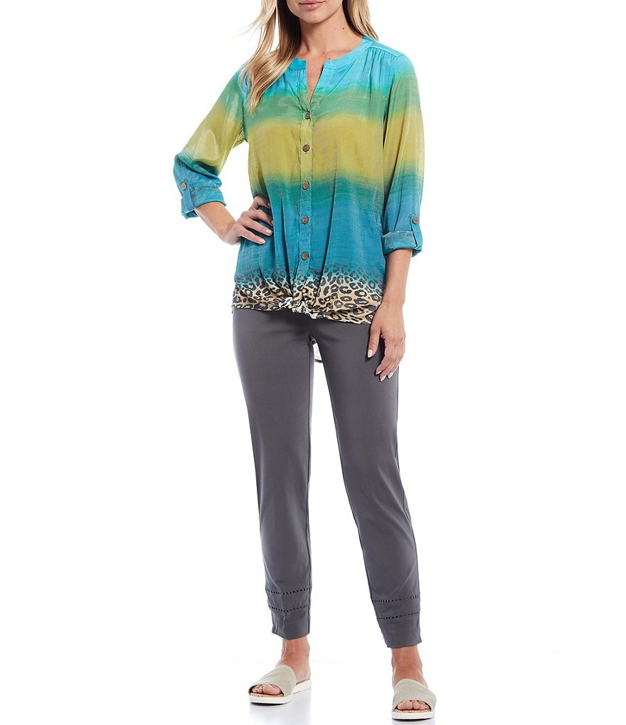 Multiples Petite Size Ombre Cheetah Print Band Notch Neckline Roll-Tab Sleeve Button Down Tie-Front Top