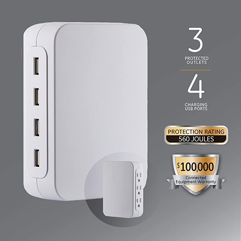 Ultra Pro USB Charging Sur Protector, 4 USB Outlet Adapter, 3 Outlet Wall Tap, Side Access Outlets, Automatic Shutdown Technology, 4.8A USB, 560 Joules, White, 39680