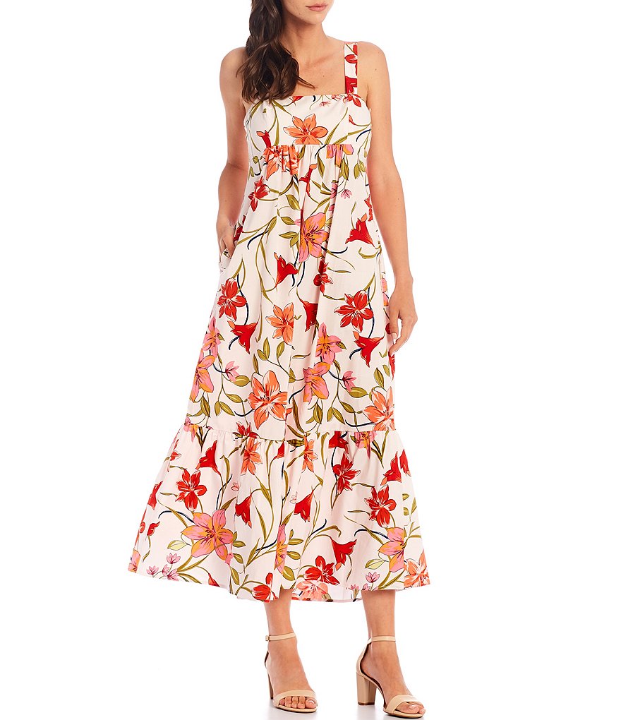 London Times Floral Square Neck Sleeveless Babydoll Maxi Dress
