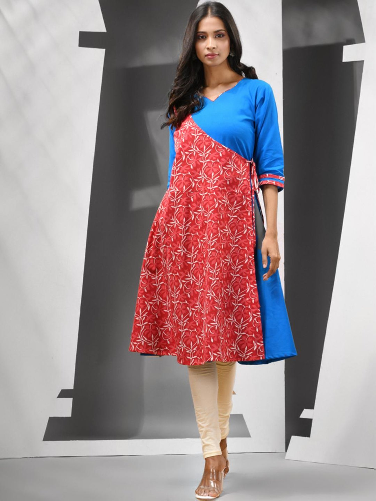 CHARUKRITI Blue & Red Cotton Printed Angrakha Kurta