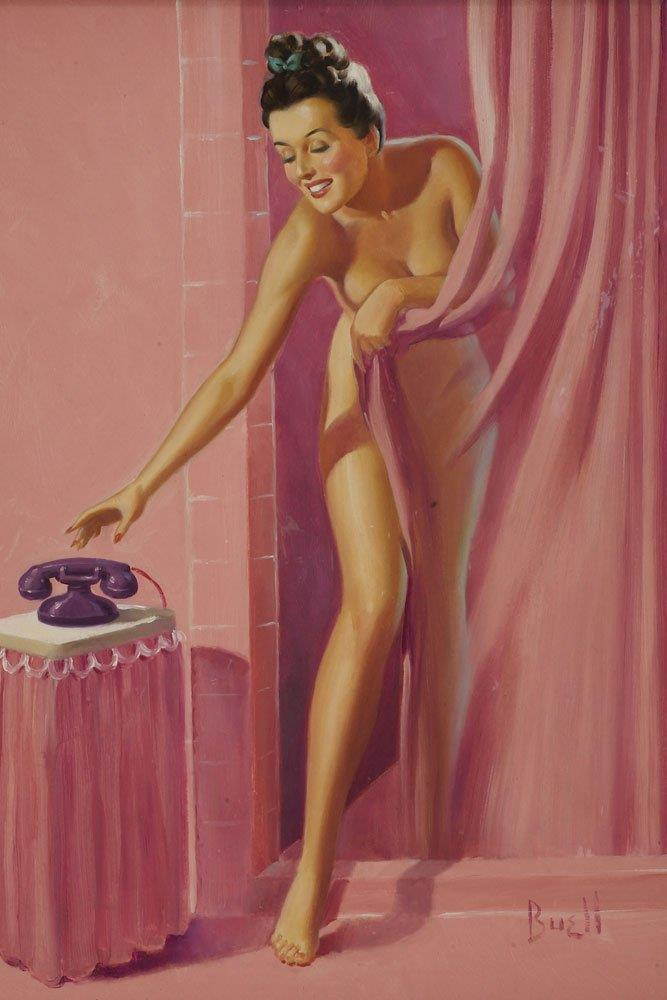 Ceramic Coffe Mug with Vintage Pin-Up, Brunette In Shower Answering Phone - By Al Buell