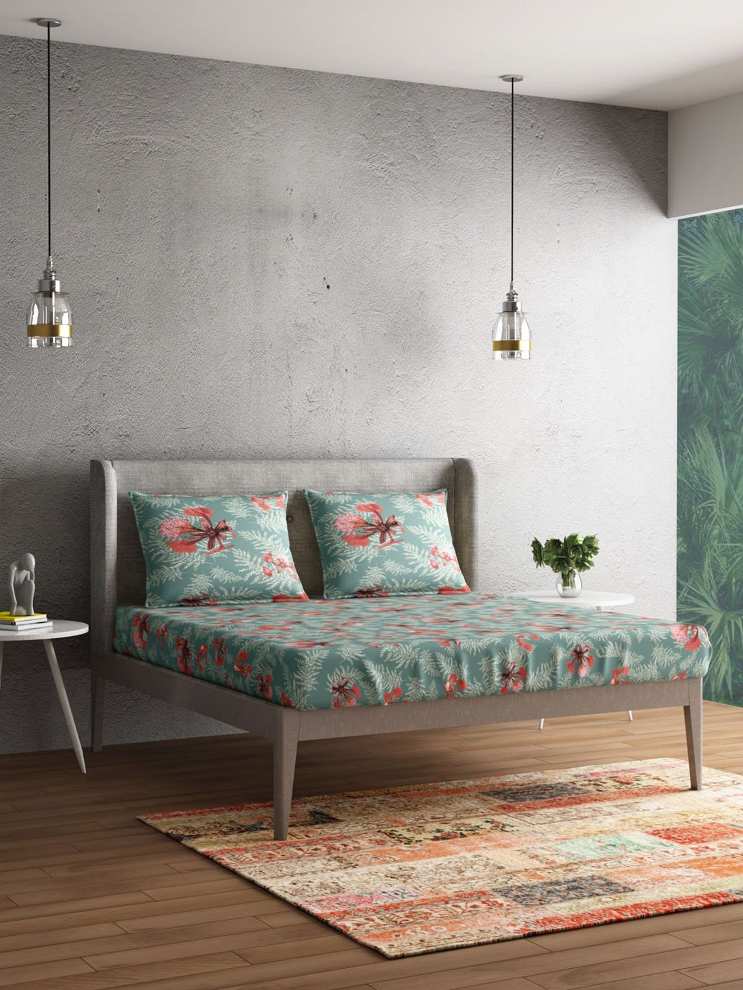 Petal Home Poinciana Floral Teal Green 300 TC Cotton Queen Size Bed Sheet with 2 Pillow Covers