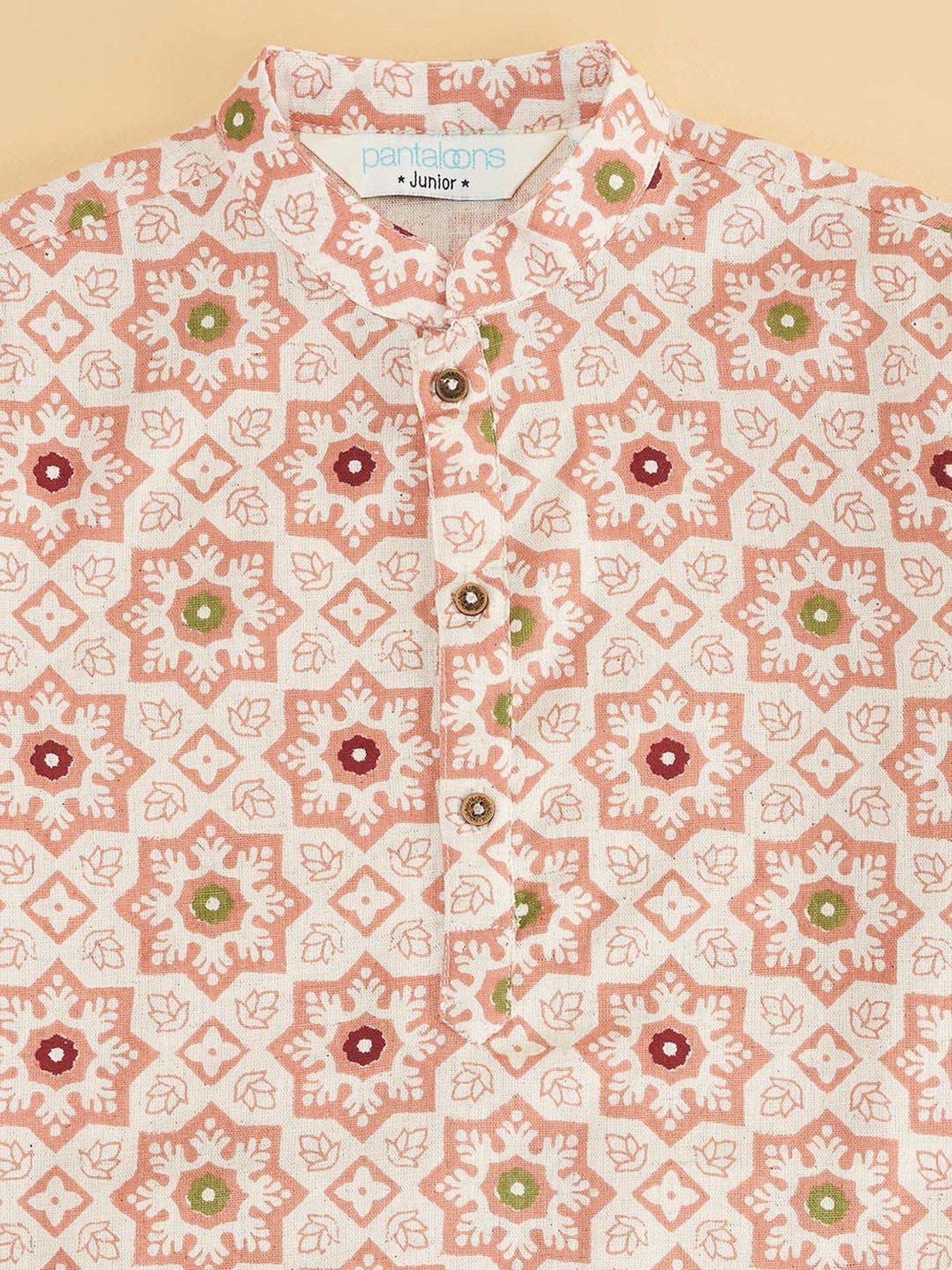 Indus Route by Pantaloons Kids Coral Cotton Floral Print Full Sleeves Kurta