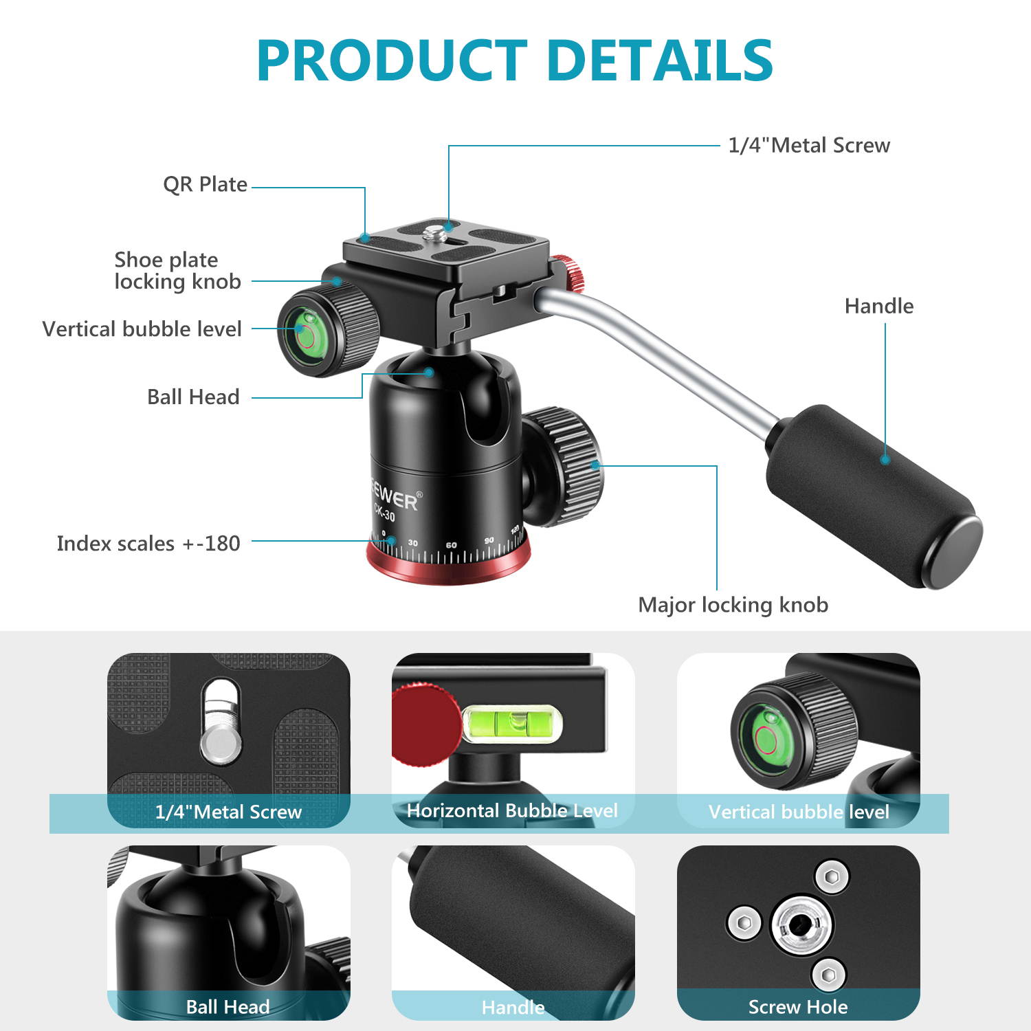 Neewer Mini Tripod Head Mobile Phone/Camera Ball Head with Handle and 1/4 inch Quick Shoe Plate, 360 Degree Panoramic Ballhead for Mirrorless Cameras, iPhones, iPad, Telescope, Max Loading 11pounds