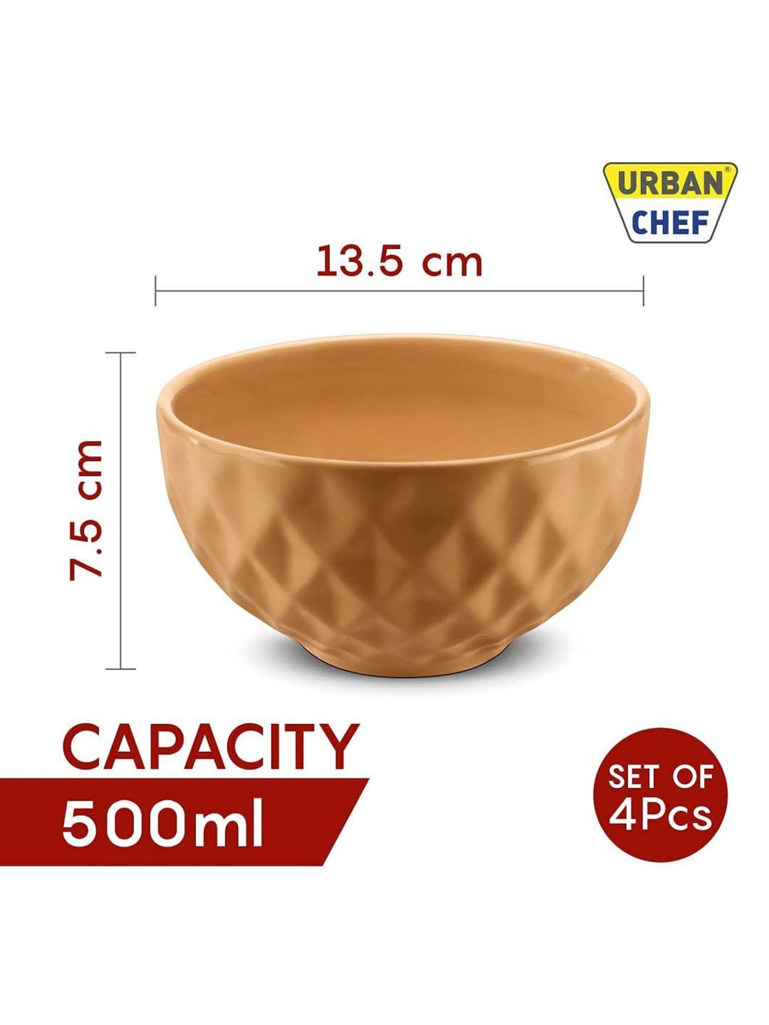 Urban Chef Pink & Brown Ceramic Handcrafted Microwave Safe Bowl (0.5 L) - Set of 4