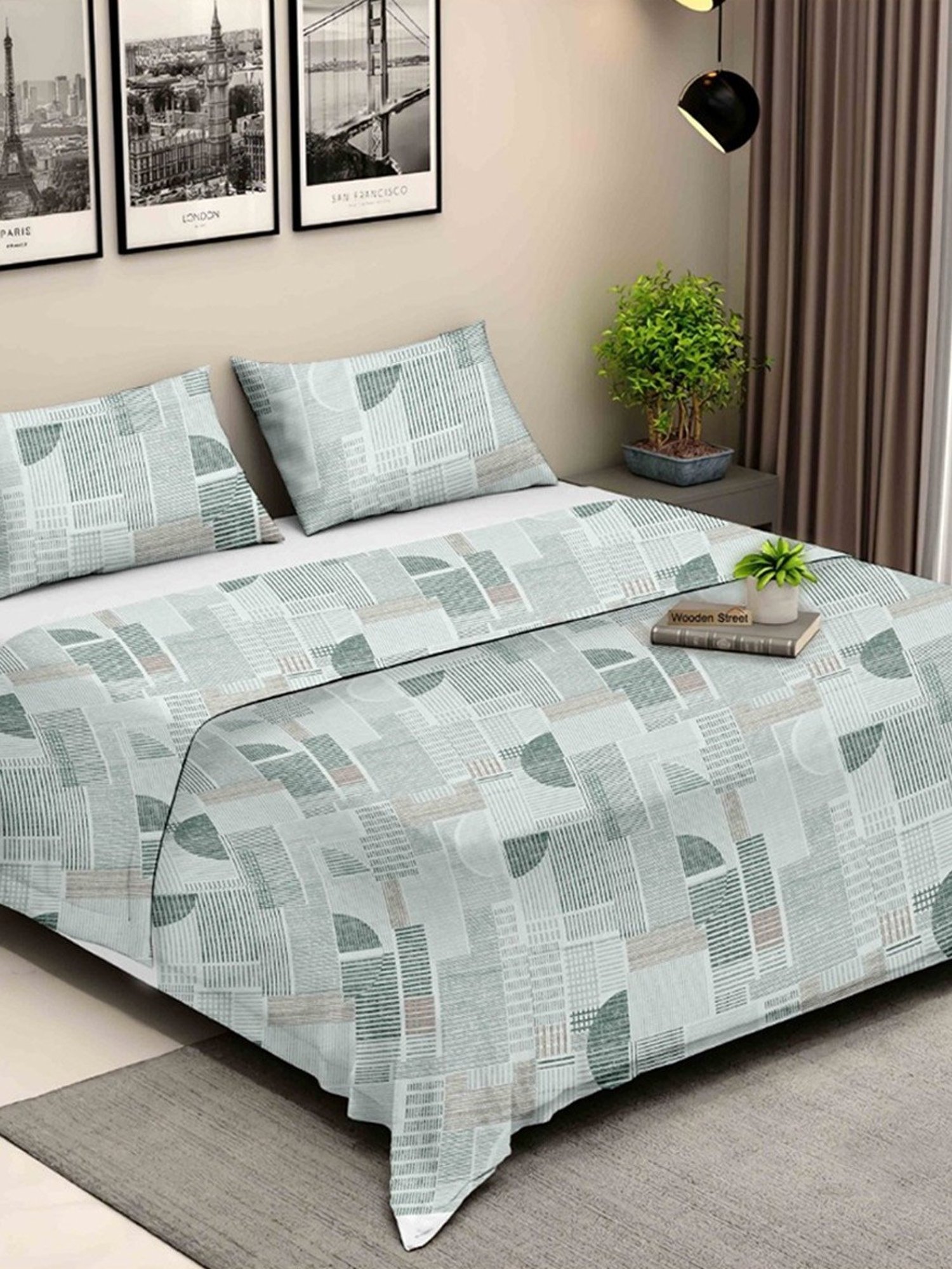 Ariana Rome Geometric Aqua 210 TC Cotton Super king Bedsheet with 2 Pillow Covers
