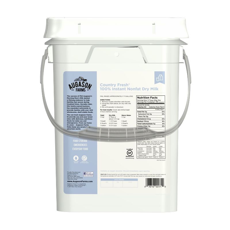 Augason Farms Country Fresh 100% Real Nonfat Milk Certified Gluten Free Emergency Bulk Food Storage 4-Gallon Pail 216 Servings