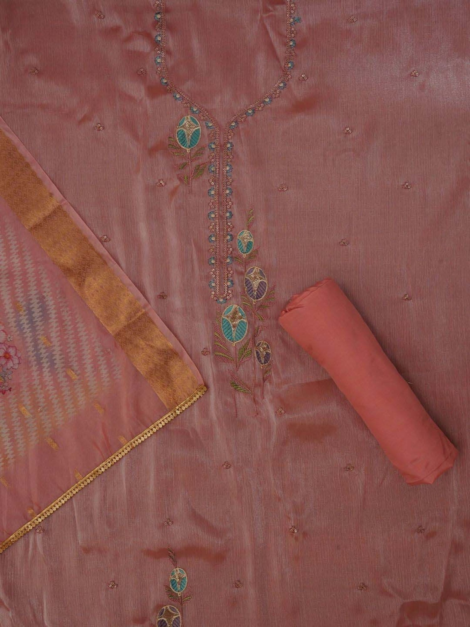 Jaipur Kurti Peach Embroidered Unstitched Dress Material