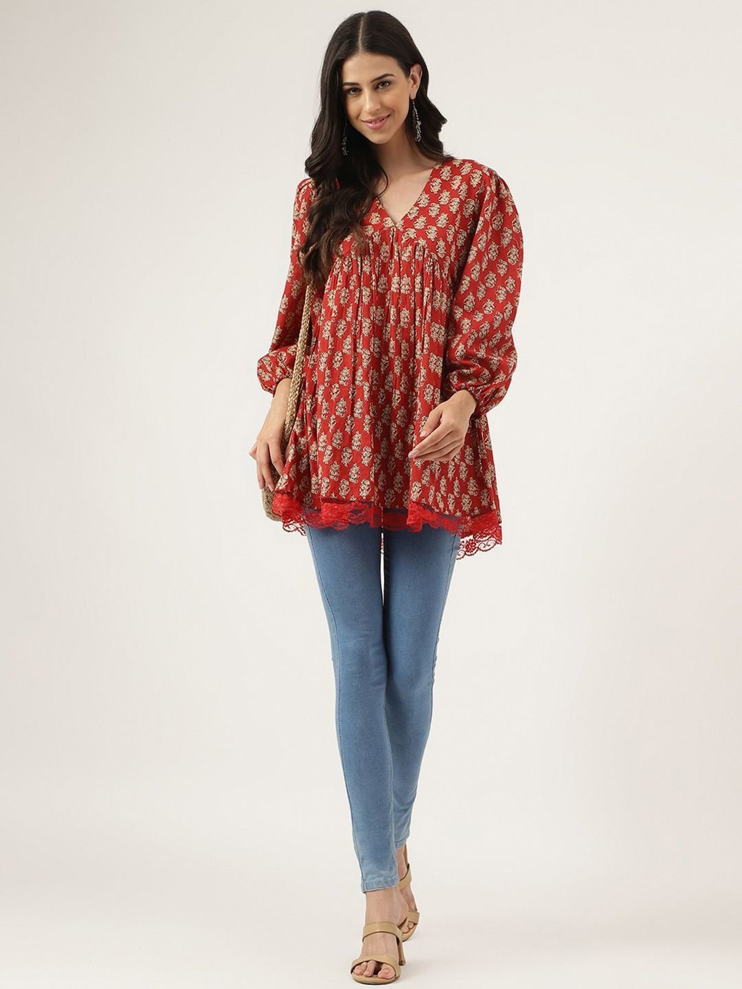Divena Red Cotton Floral Print Top