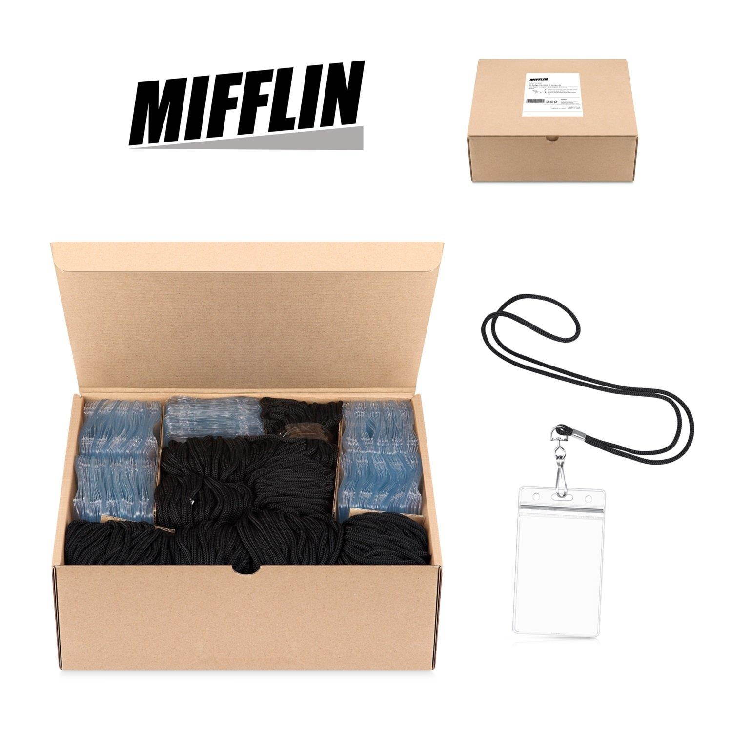 MIFFLIN Vertical ID Name Badge Holder with Woven Lanyard (Satin Black Non-Breakaway, 250 Pack)