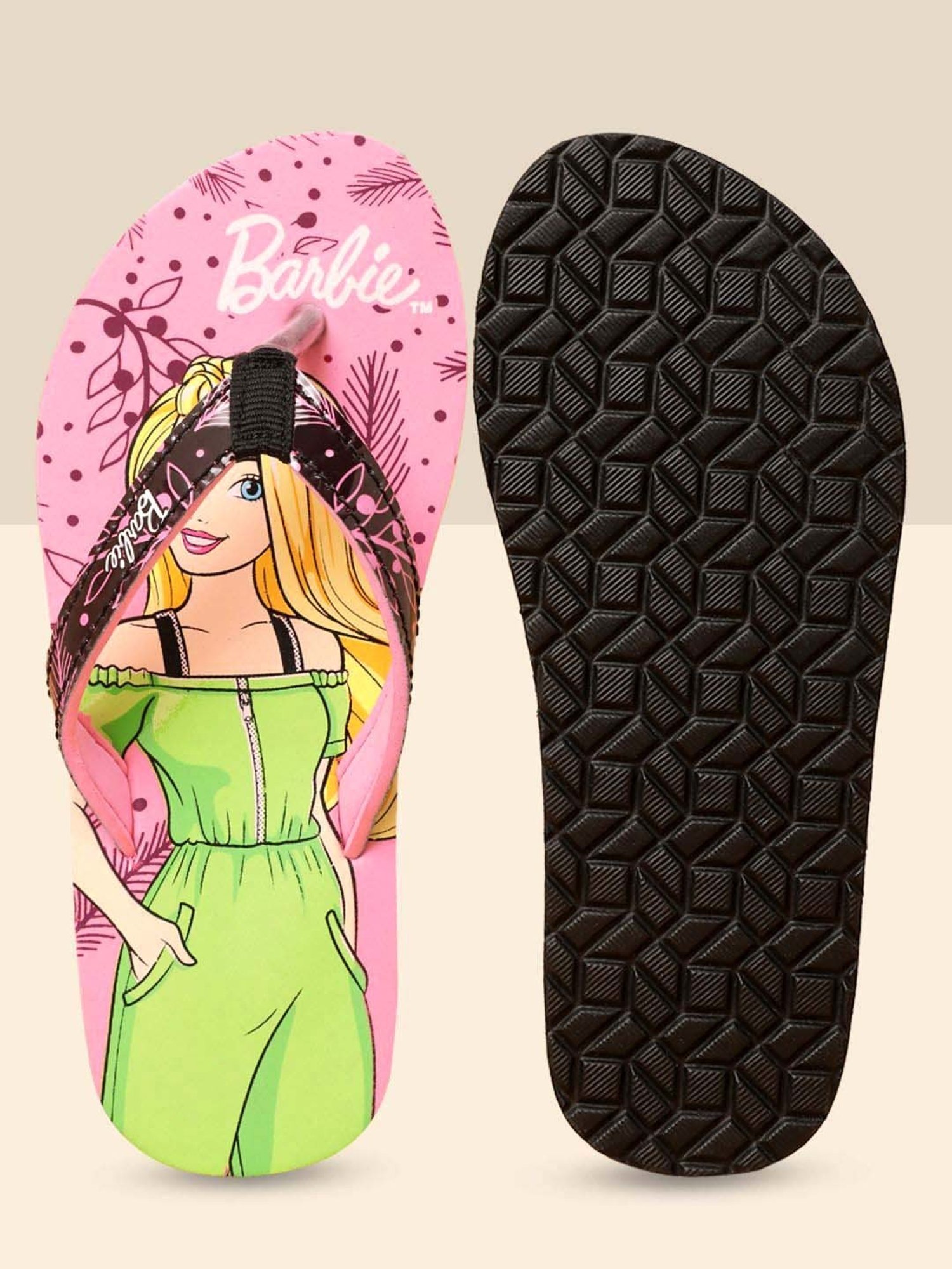 Kidsville Barbie Printed Pink & Green Flip Flops