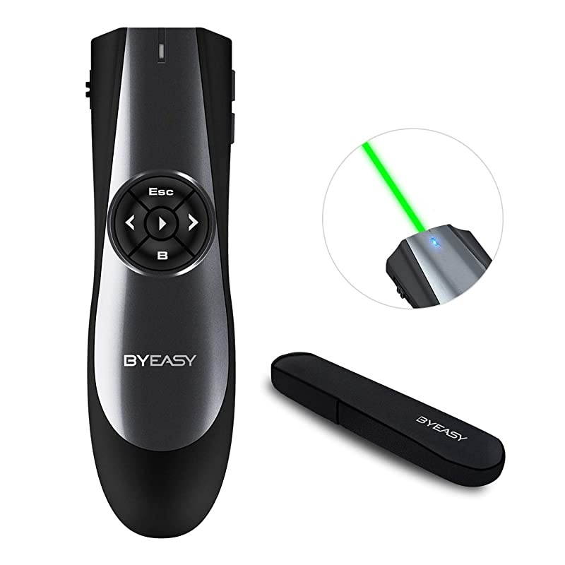 Presentation Clicker with Green Laser and Volume Control RF 24GHz Wireless Presenter Remote 100 FT with case USB PPT Clicker for Google Slides PowerPoint and More