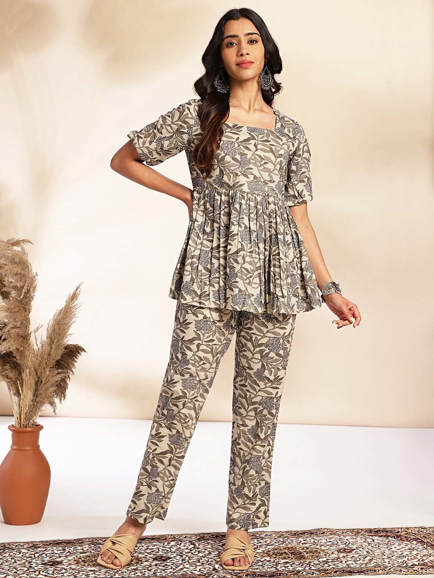 Janasya Beige Cotton Floral Print Top Pant Set