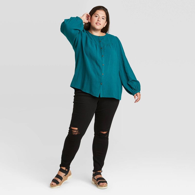 Women's Puff Long Sleeve Button-Front Blouse - Universal Thread™ Teal XXL