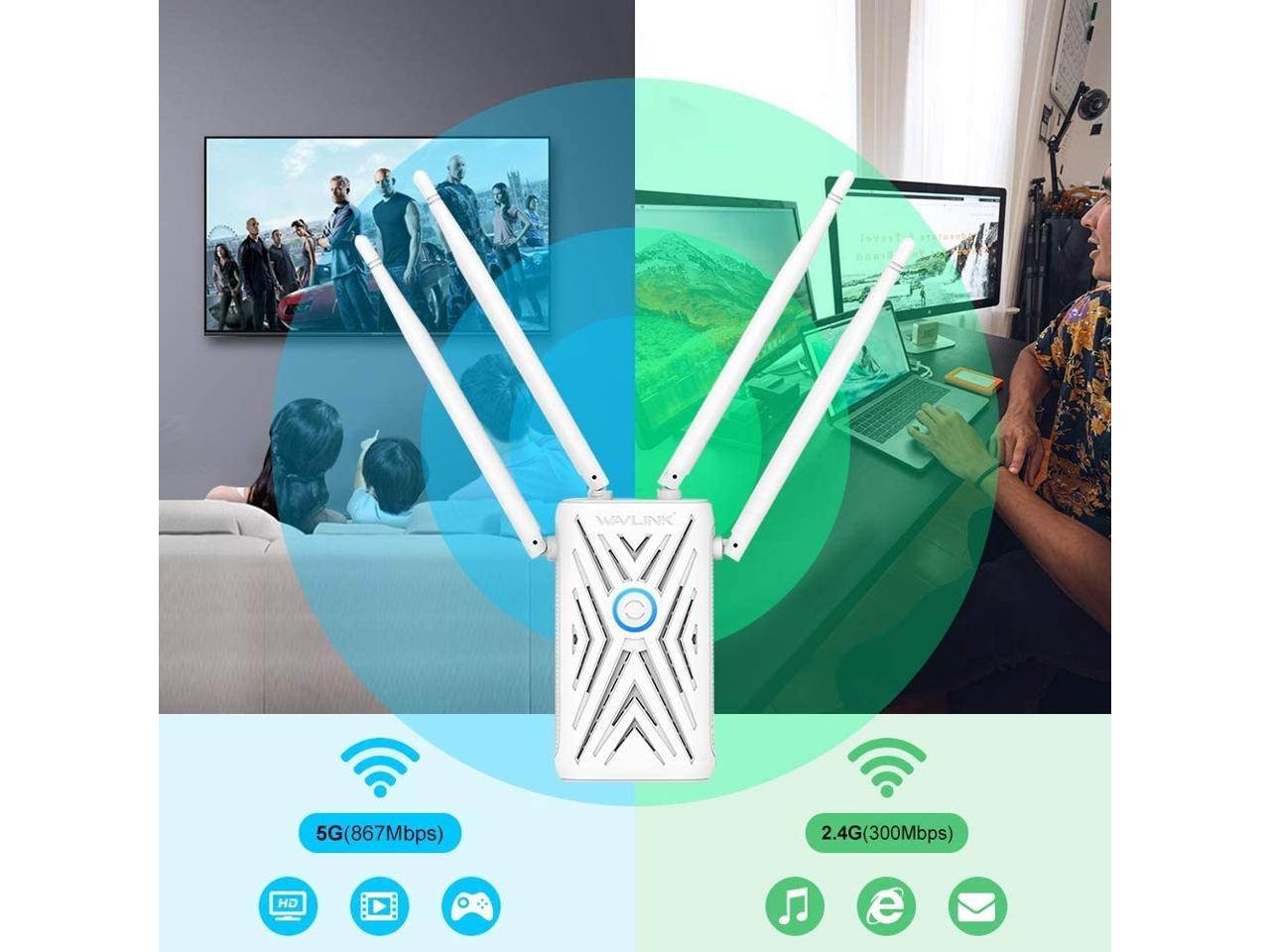 WiFi Extender, 1200Mbps WiFi Range Extender 2.4GHz and 5.8GHz Dual Band WiFi Booster and Signal Amplifier with 4 External Antennas,Wall Plug Design for Convenient Placement