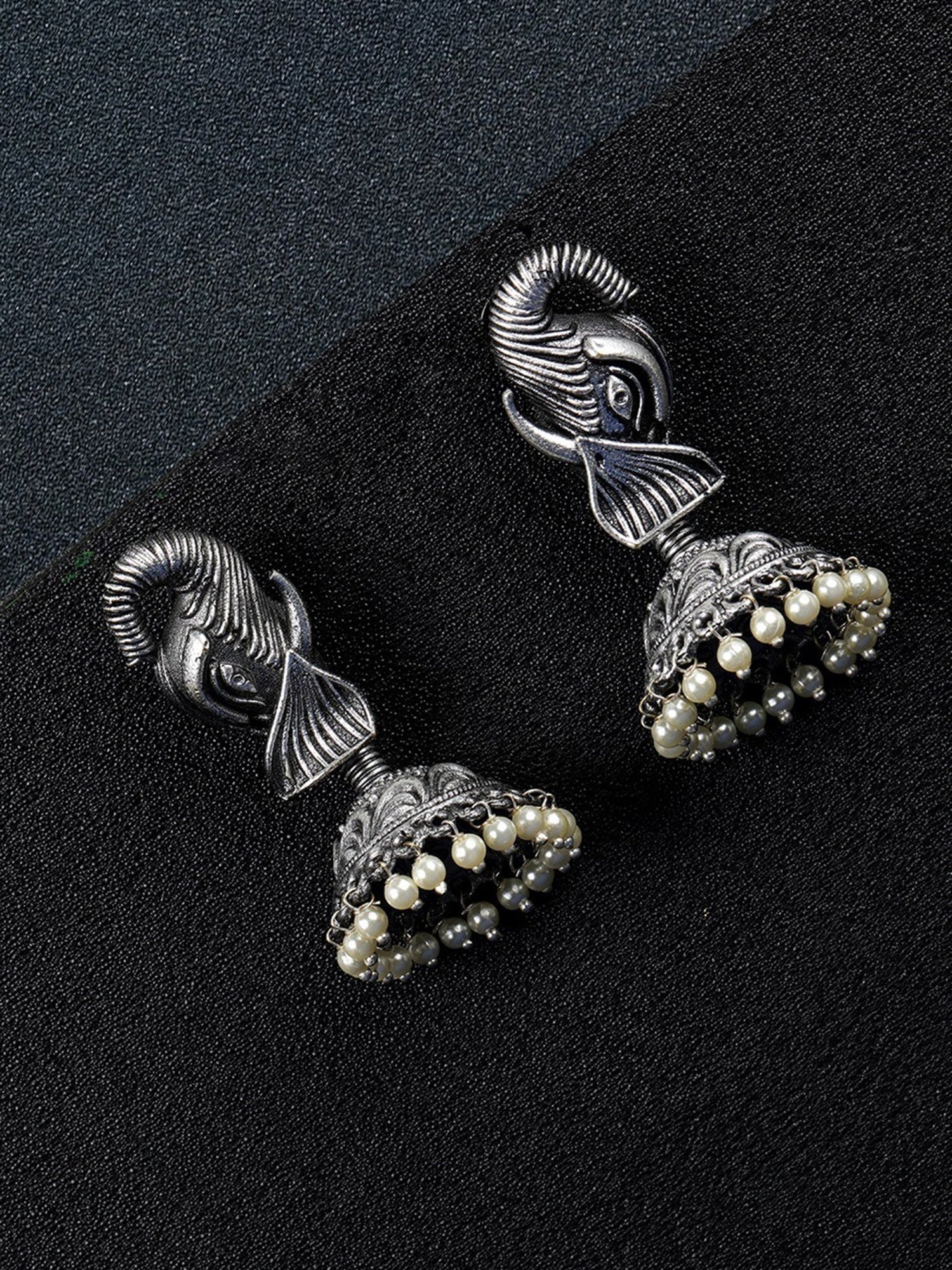 Priyaasi Oxidized Silver-Plated with Bead Jhumki Earrings