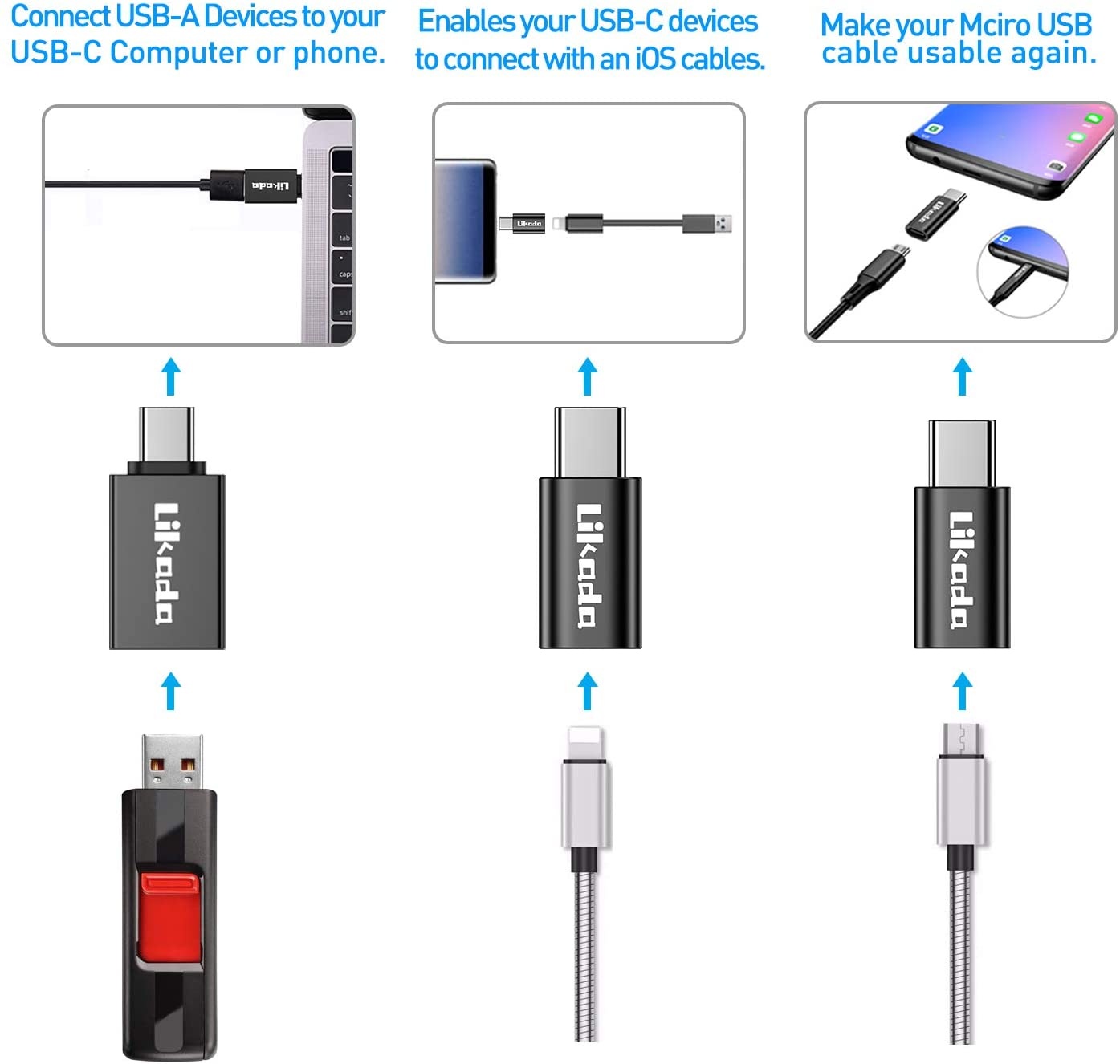 USB Type C Adapter USB C to Micro USB/USB C to USB 3.0/USB C to 1phone Adapter Data Sync Fast Charging Convert Connector for Samsung Galaxy S9 S8 Note 9 Google Pixel (Black)
