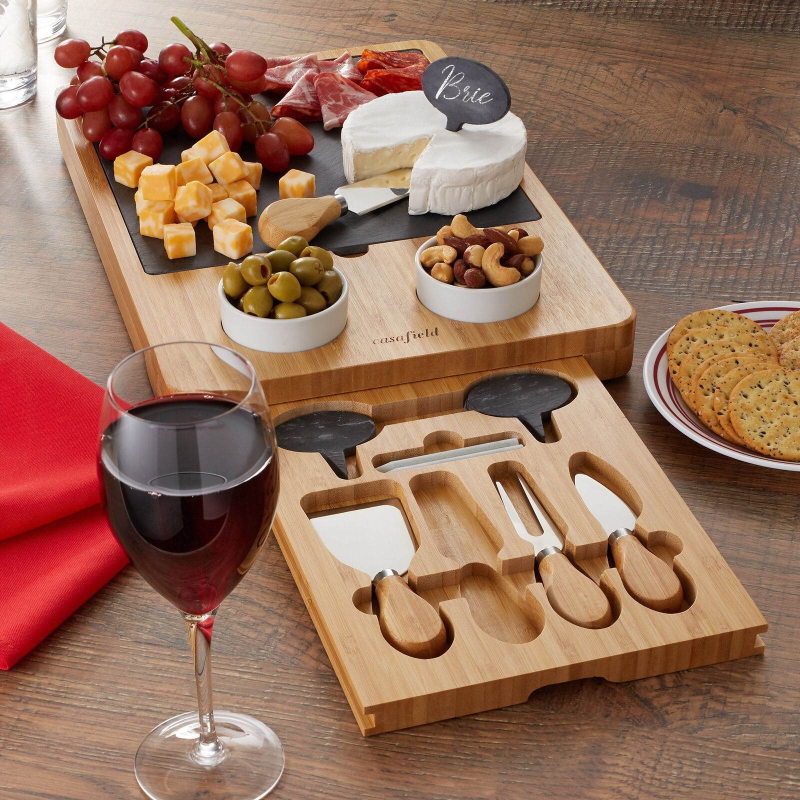 Bamboo Charcuterie Cheese Board Gift Set with Slate Tray, 4 Knives, 2 Dip Bowls
